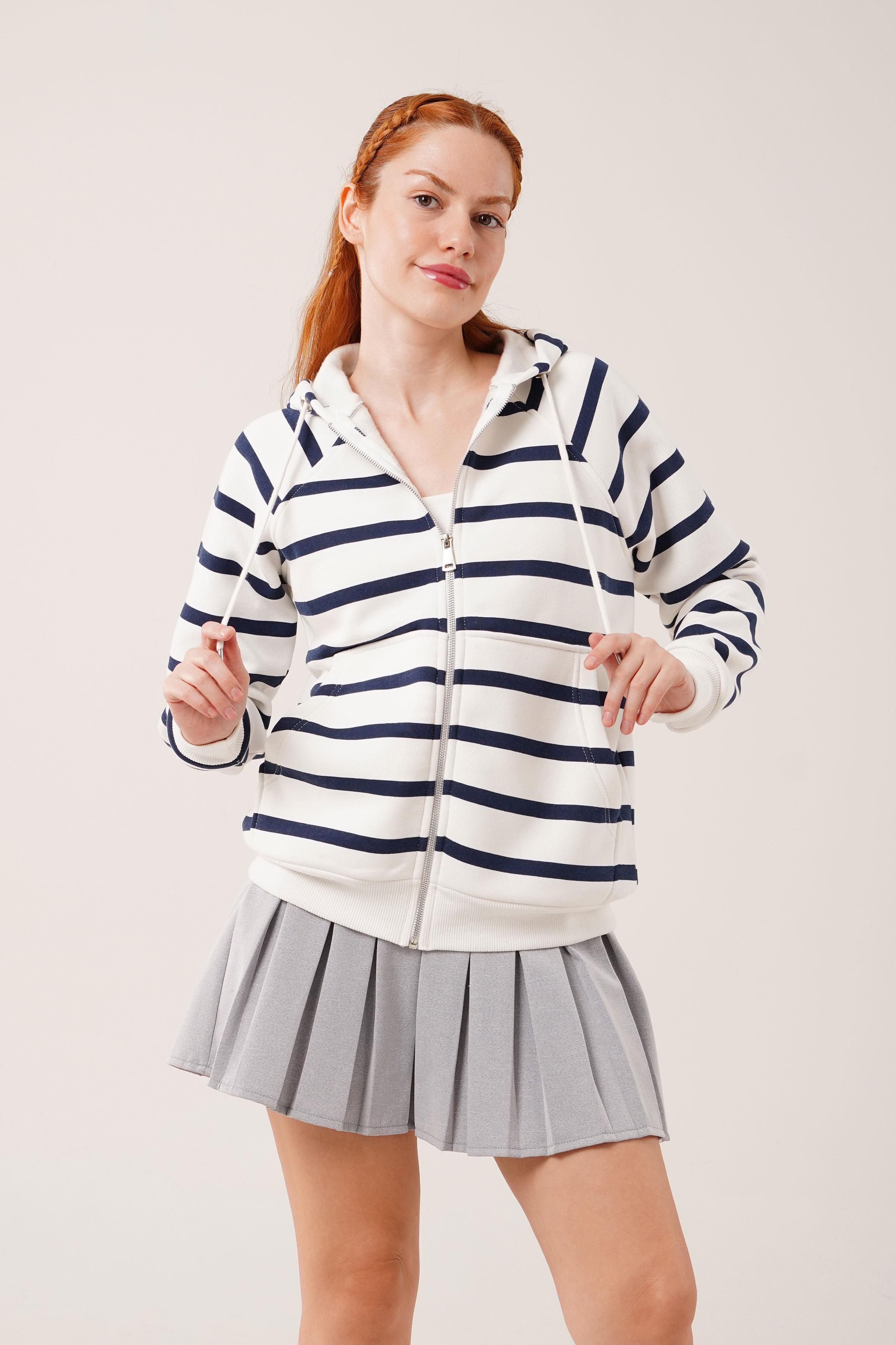 Lacivert Çizgili İki İplik Kapüşonlu Toptan Sweatshirt Lacivert S