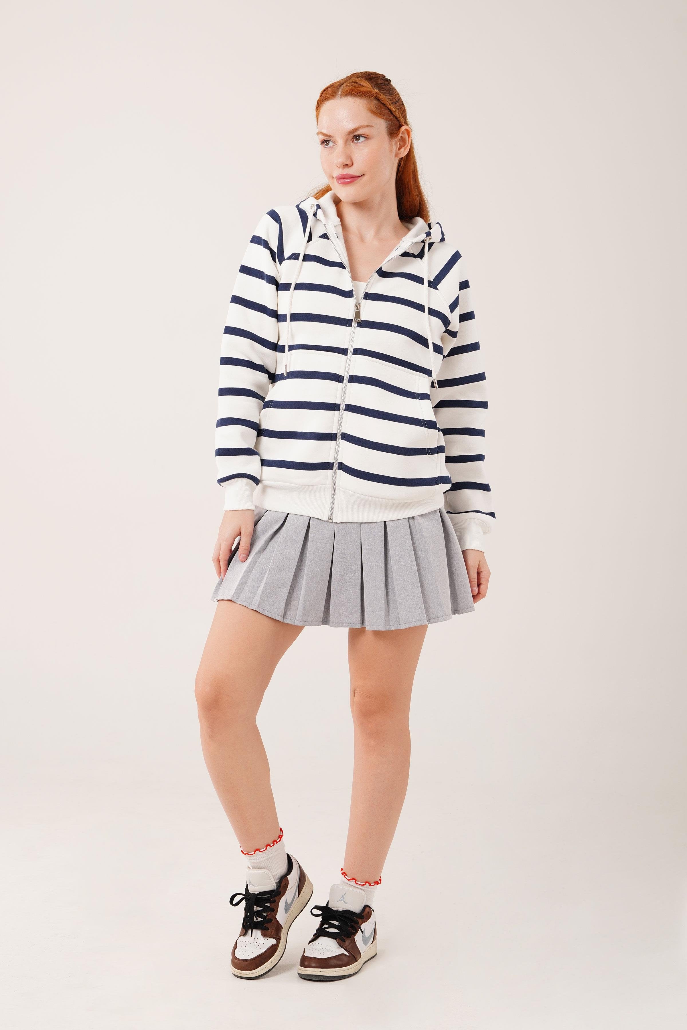 Lacivert Çizgili İki İplik Kapüşonlu Toptan Sweatshirt