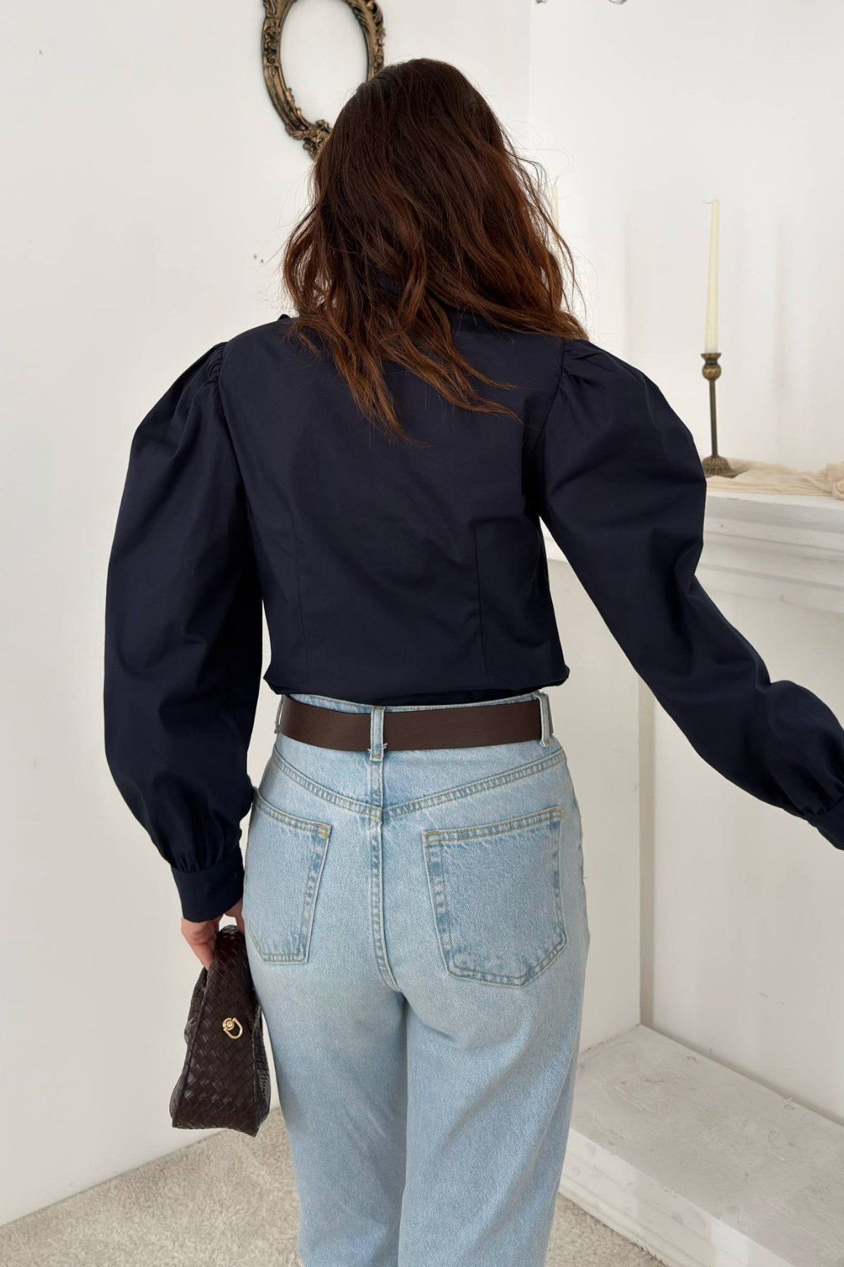 Lacivert Kendinden Fularlı Gömlek