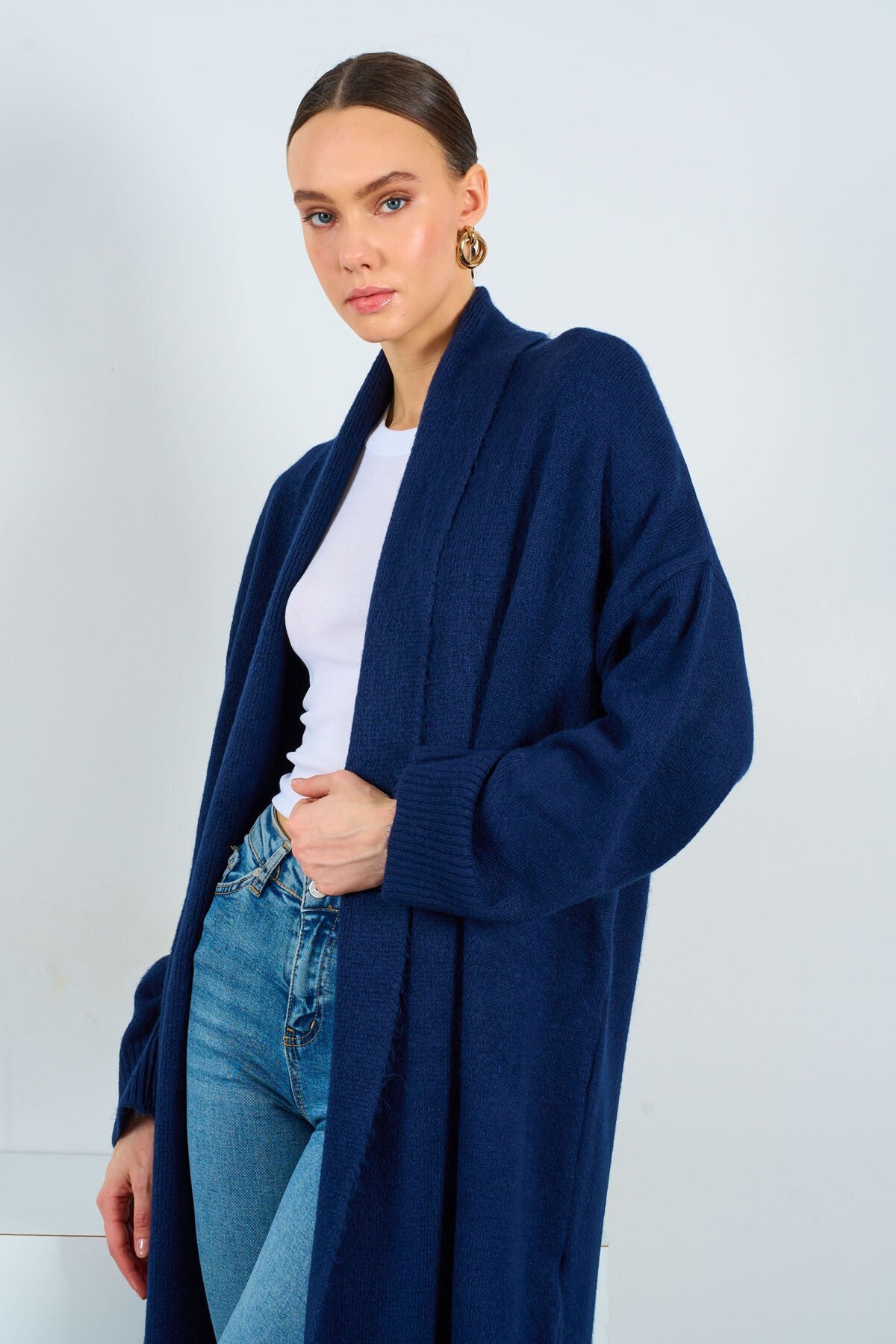 Lacivert Önü Açık Şal Yaka Hırka