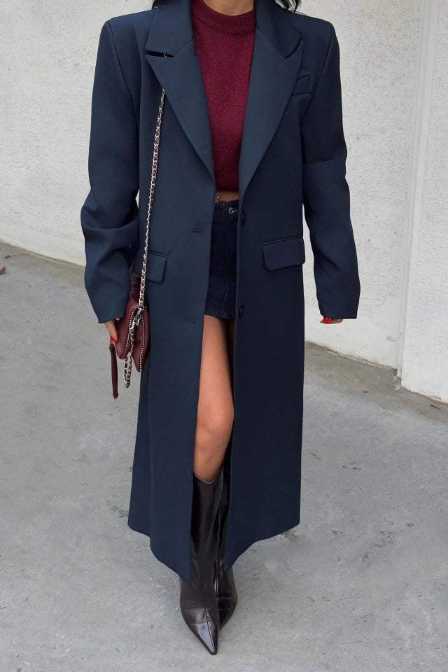 lacivert Önü Düğmeli Cep Detay Kaban