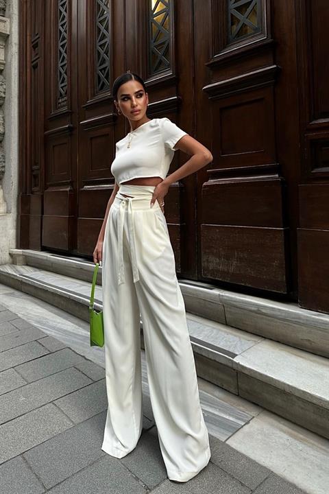 Leila Bağlamalı Crop Top Takım 9793 08 EKRU L