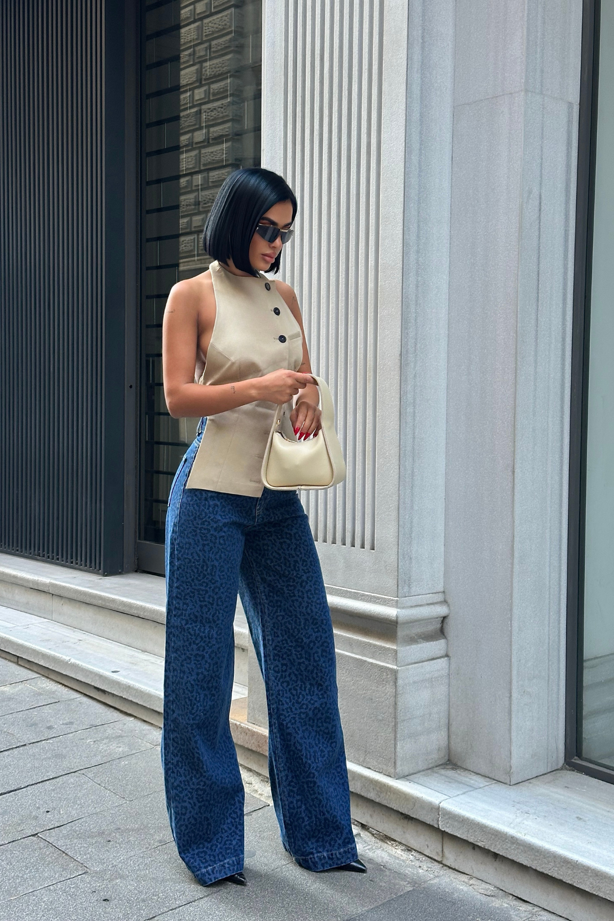 LEOPAR BASKILI KOT PANTOLON - Lacivert