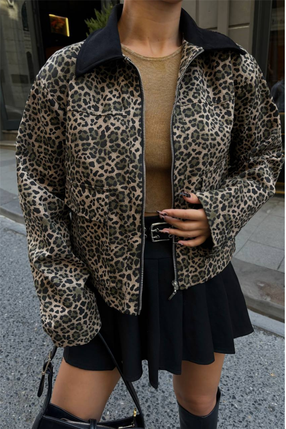 LEOPAR DESEN CROP CEKET GABARDİN - Leopar