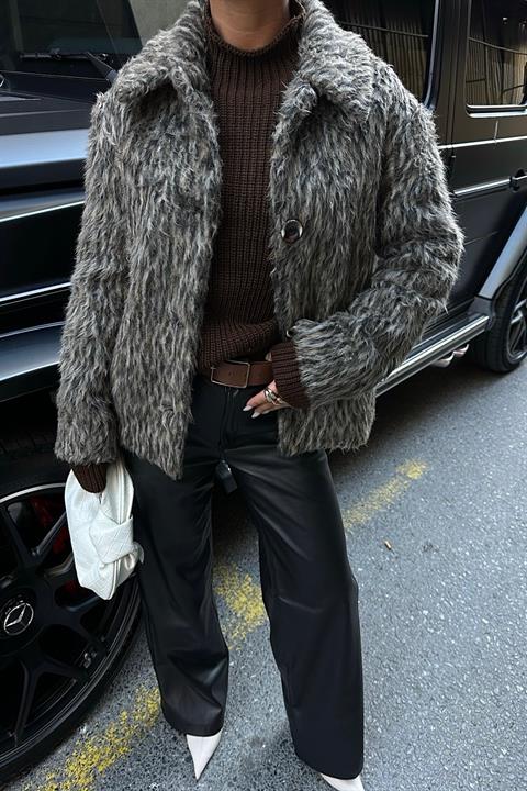 Leopar Desenli Suni Kürk Astarlı Ceket 7070