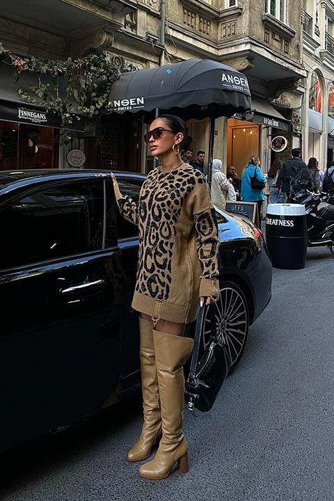 Leopar Desenli Yırtık Detaylı Kazak 1344 CAMEL STD