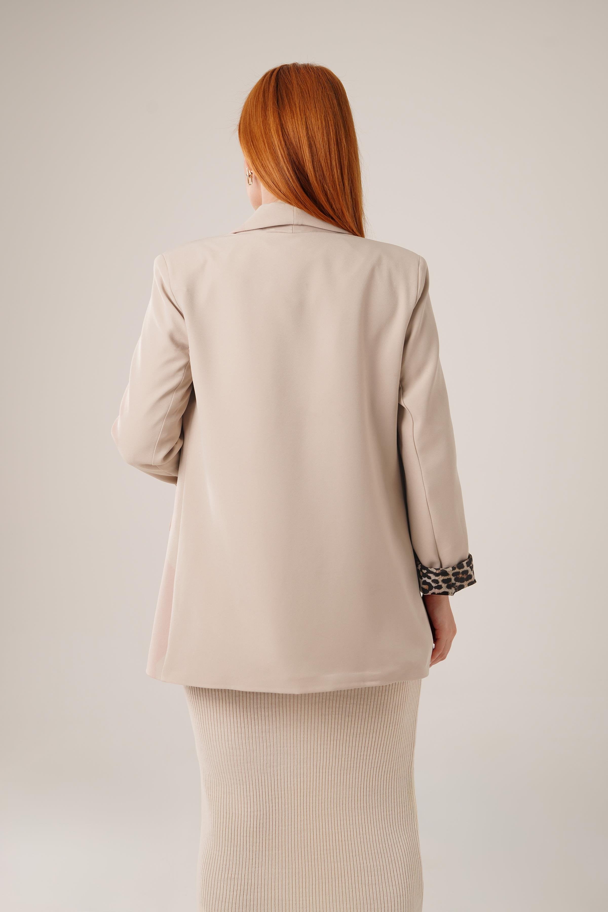Leopar Detaylı Toptan Taş Blazer Ceket