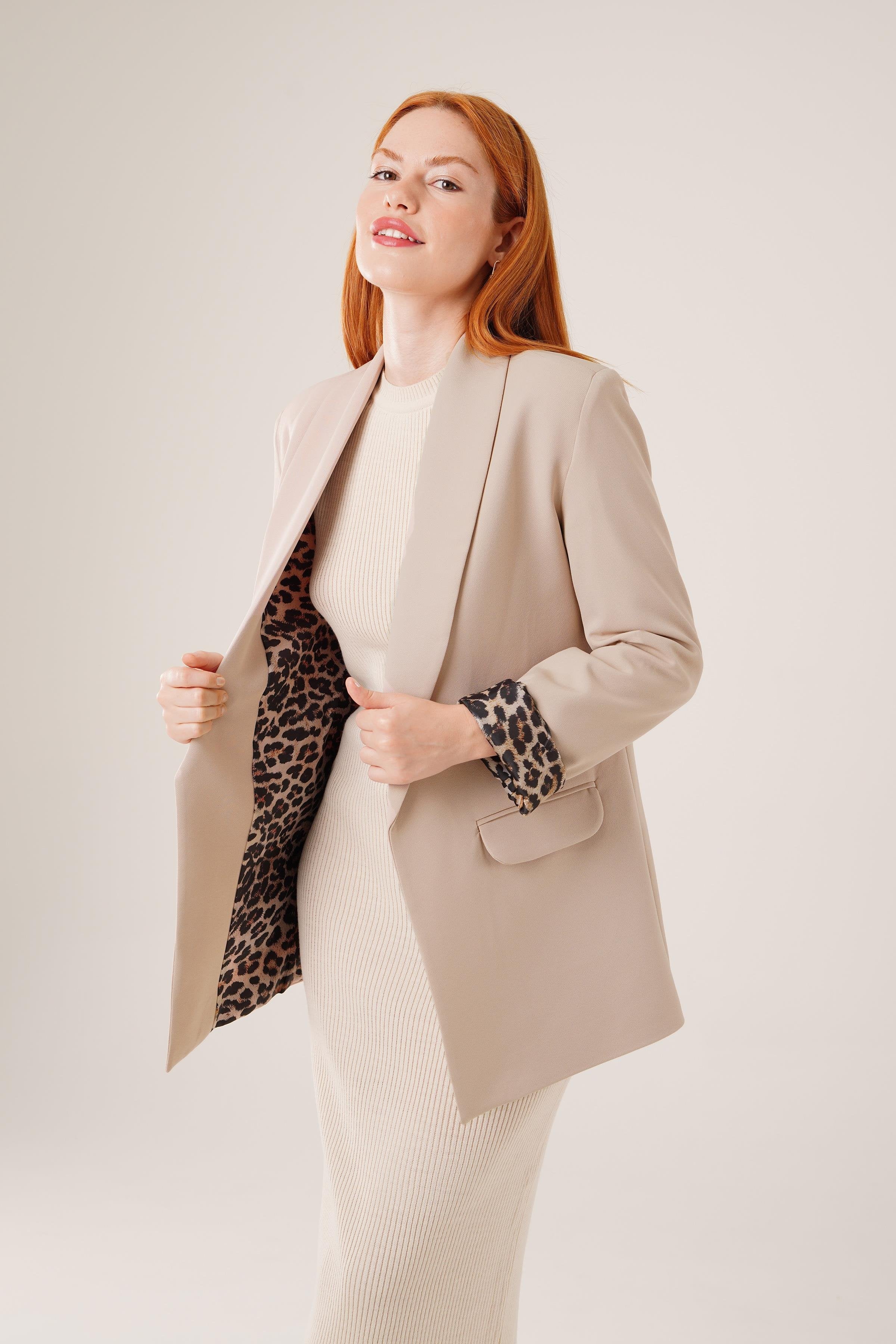 Leopar Detaylı Toptan Taş Blazer Ceket Taş S