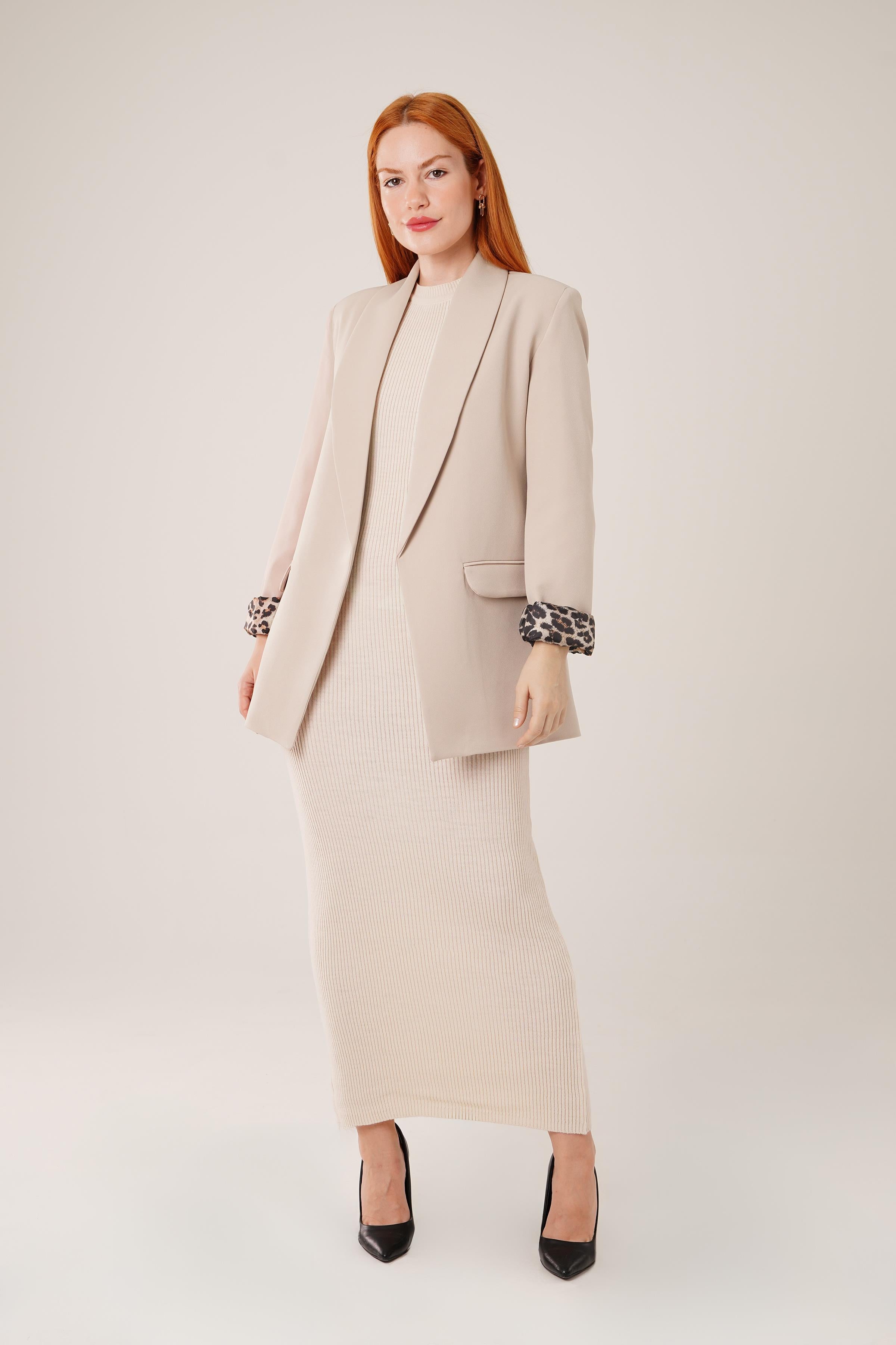 Leopar Detaylı Toptan Taş Blazer Ceket