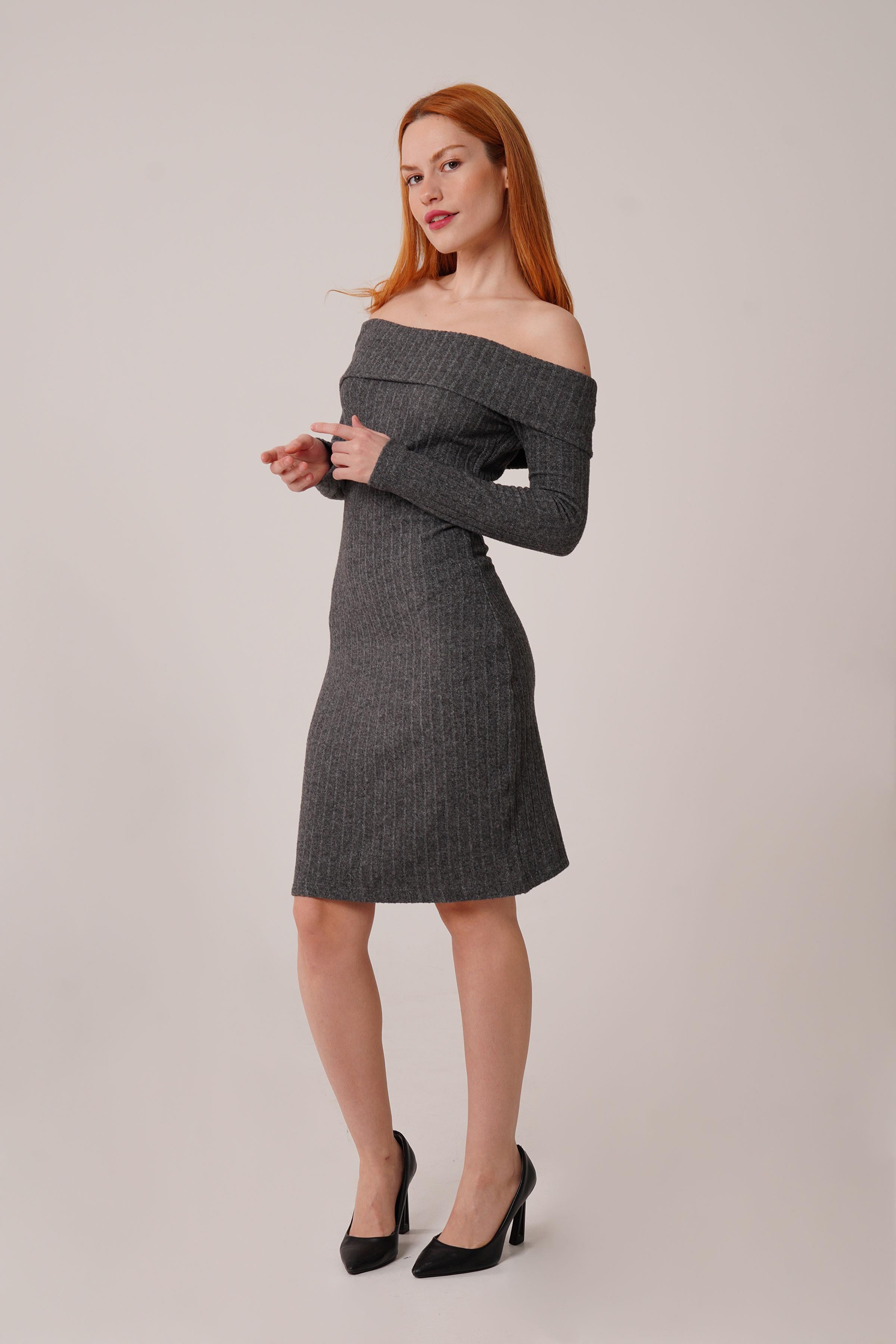 Madonna Yaka Fitilli Toptan Antrasit Triko Elbise