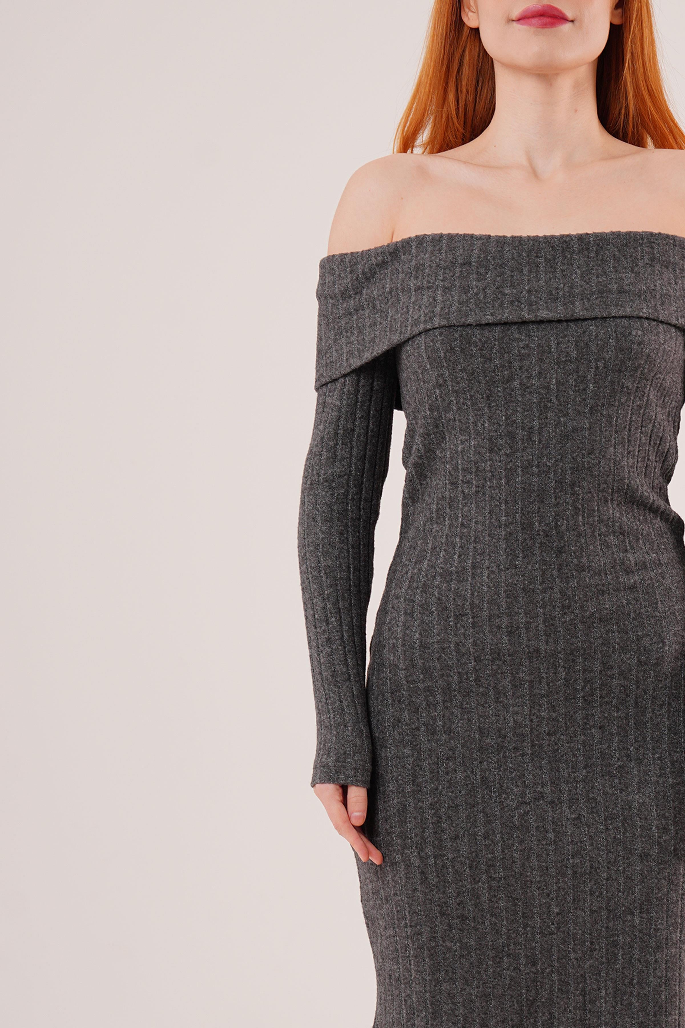 Madonna Yaka Fitilli Toptan Antrasit Triko Elbise