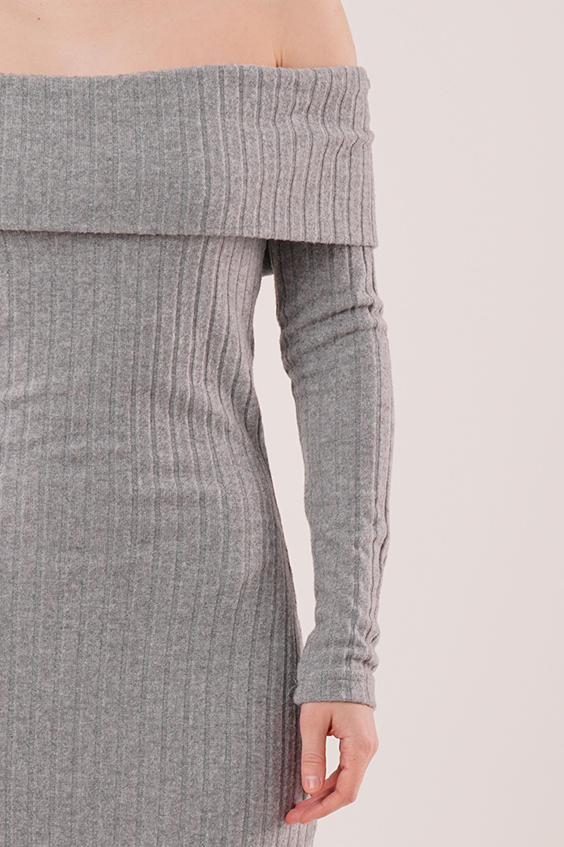 Madonna Yaka Fitilli Toptan Gri Triko Elbise