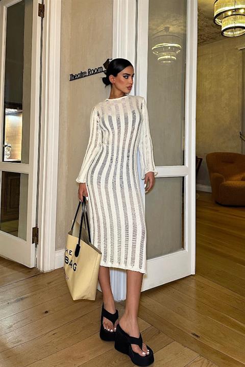 Marcella Kroşe Midi Elbise 2663-23 EKRU STD