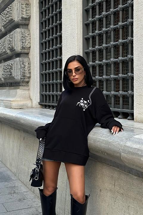 Marison Çiçek Nakışlı Sweatshirt 8050 -08 SİYAH L