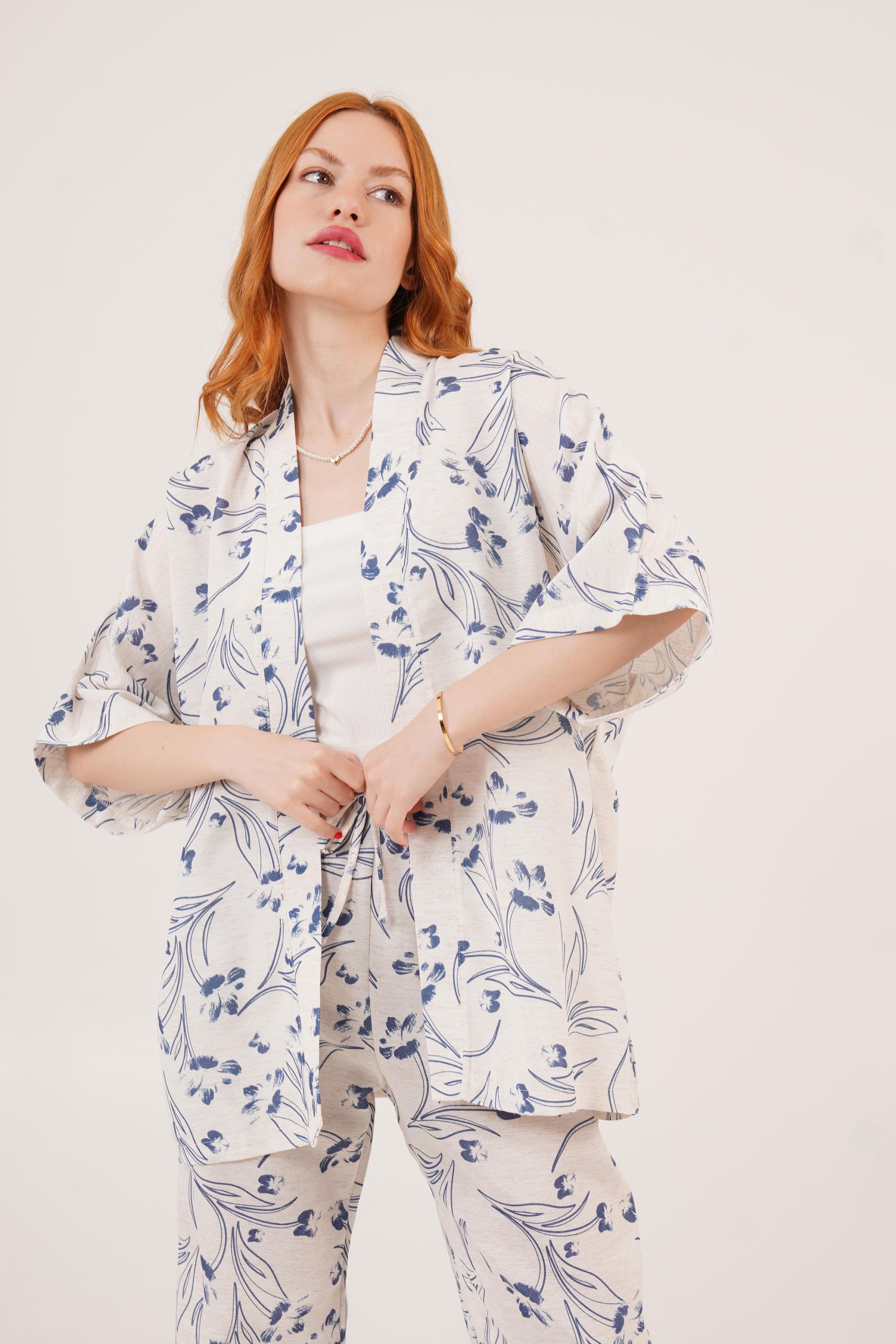 Mavi Çiçek Desenli Toptan Ekru İkili Takım