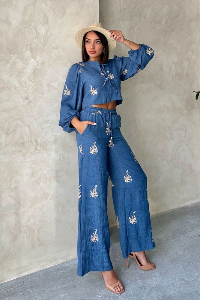 Topshow Nakış Detaylı Toptan Keten Pantolon