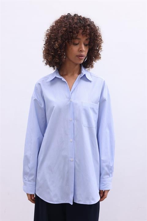 Miami Çizgili Oversize Gömlek 3305-08 AÇIK MAVİ L