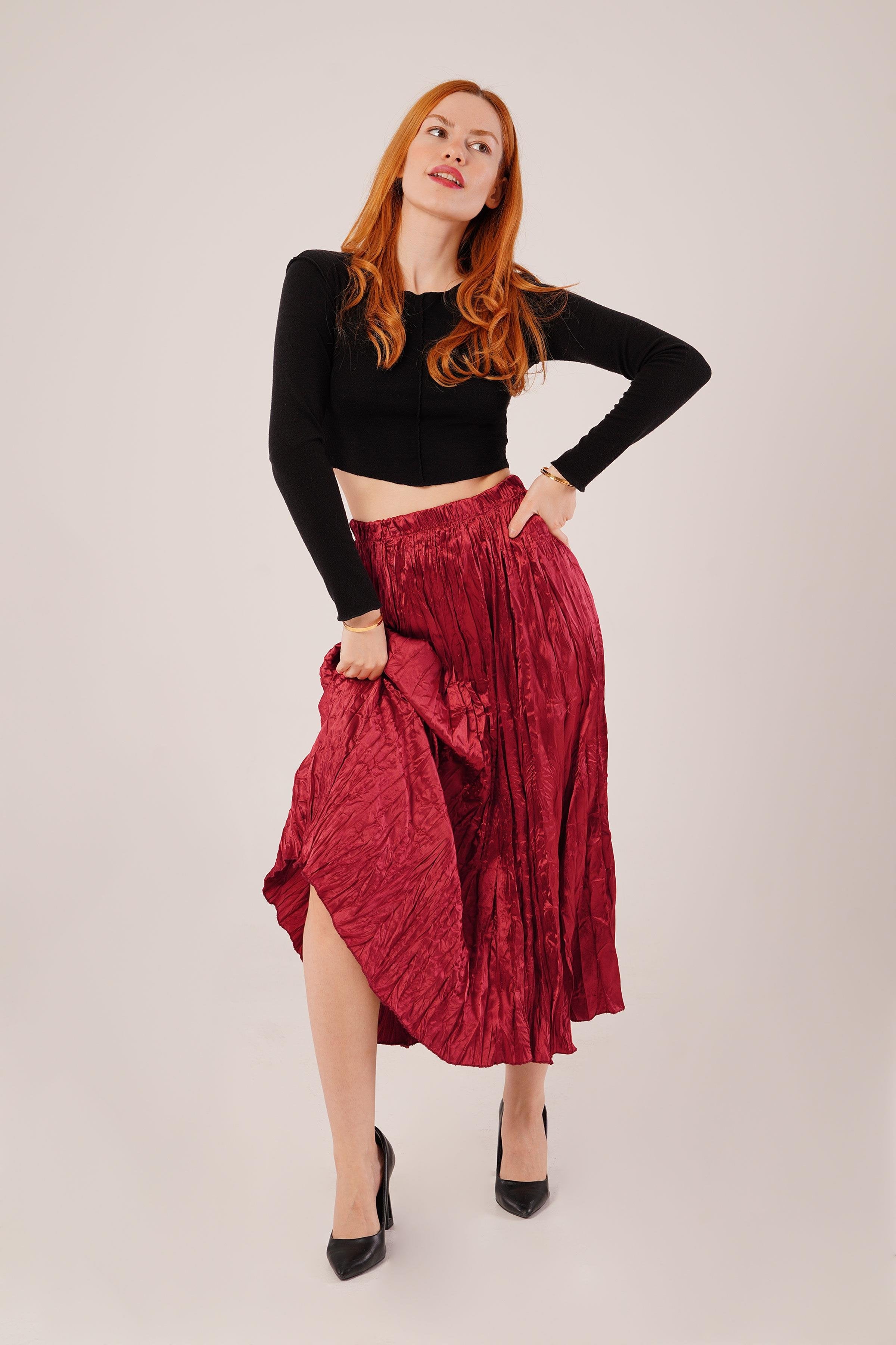Midi Boy Pileli Saten Toptan Bordo Etek Bordo S