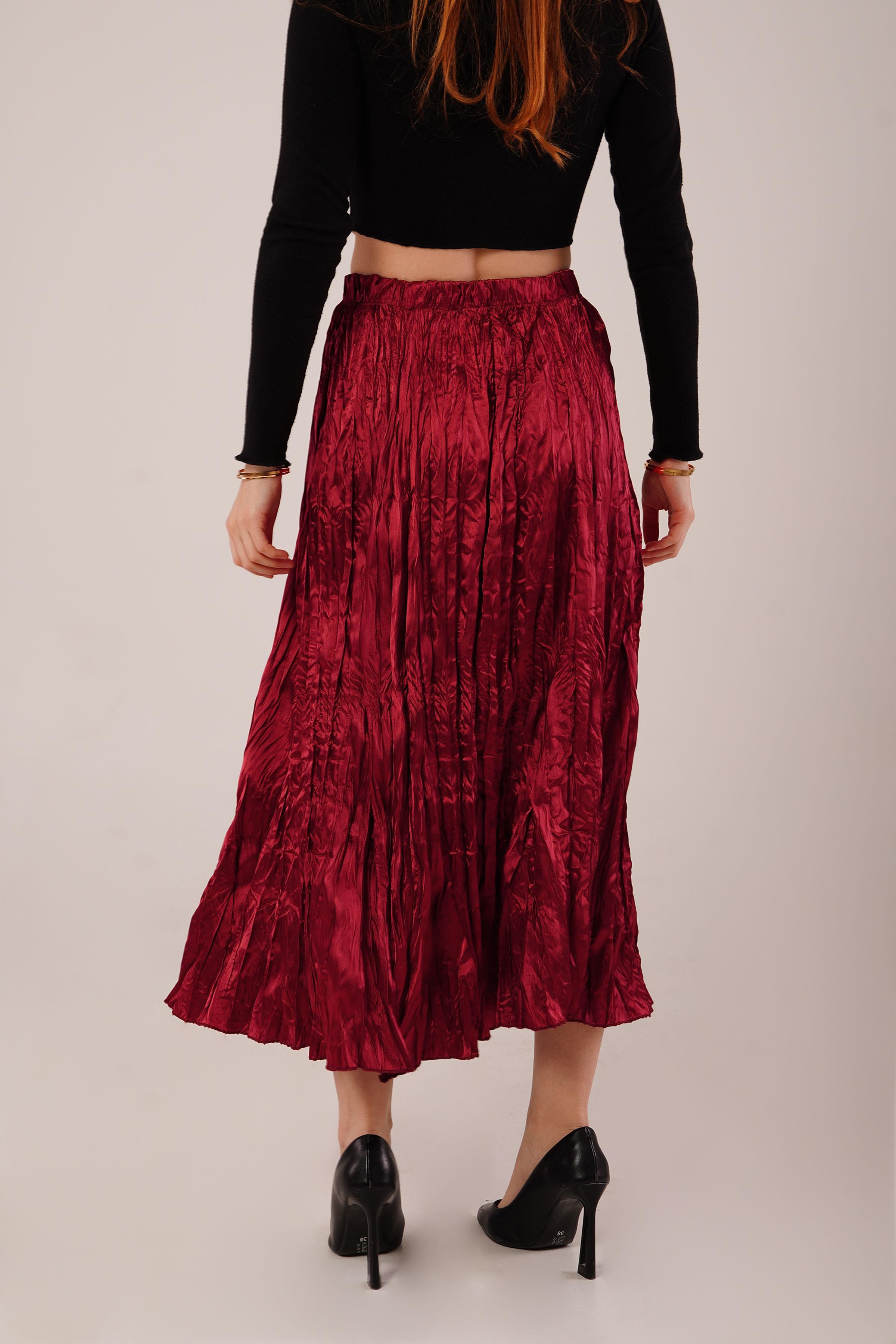 Midi Boy Pileli Saten Toptan Bordo Etek