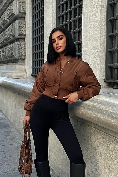 Miecka Crop Bomber Ceket 7022-8 KAHVERENGİ L