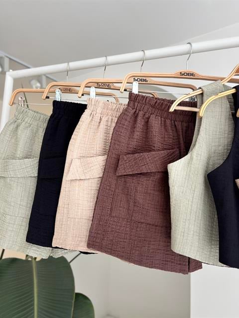 Mini Yelekli Şortlu Keten Takım 10176-08