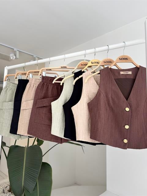Mini Yelekli Şortlu Keten Takım 10176-08
