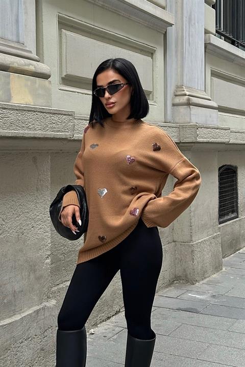 Molly Kalp Desenli Triko Örme Kazak 1339 CAMEL STD