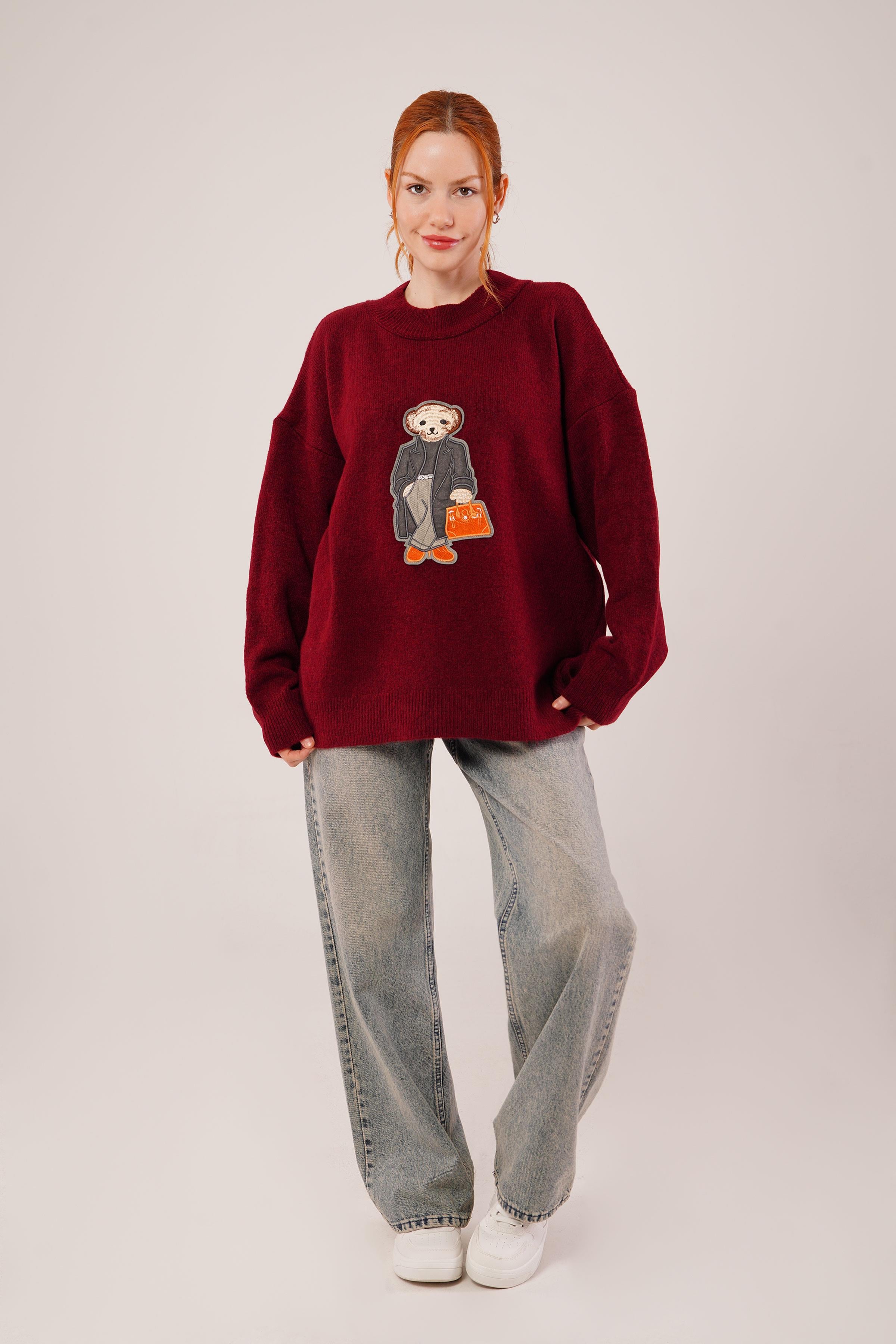 Nakış Detaylı Toptan Bordo Triko Kazak