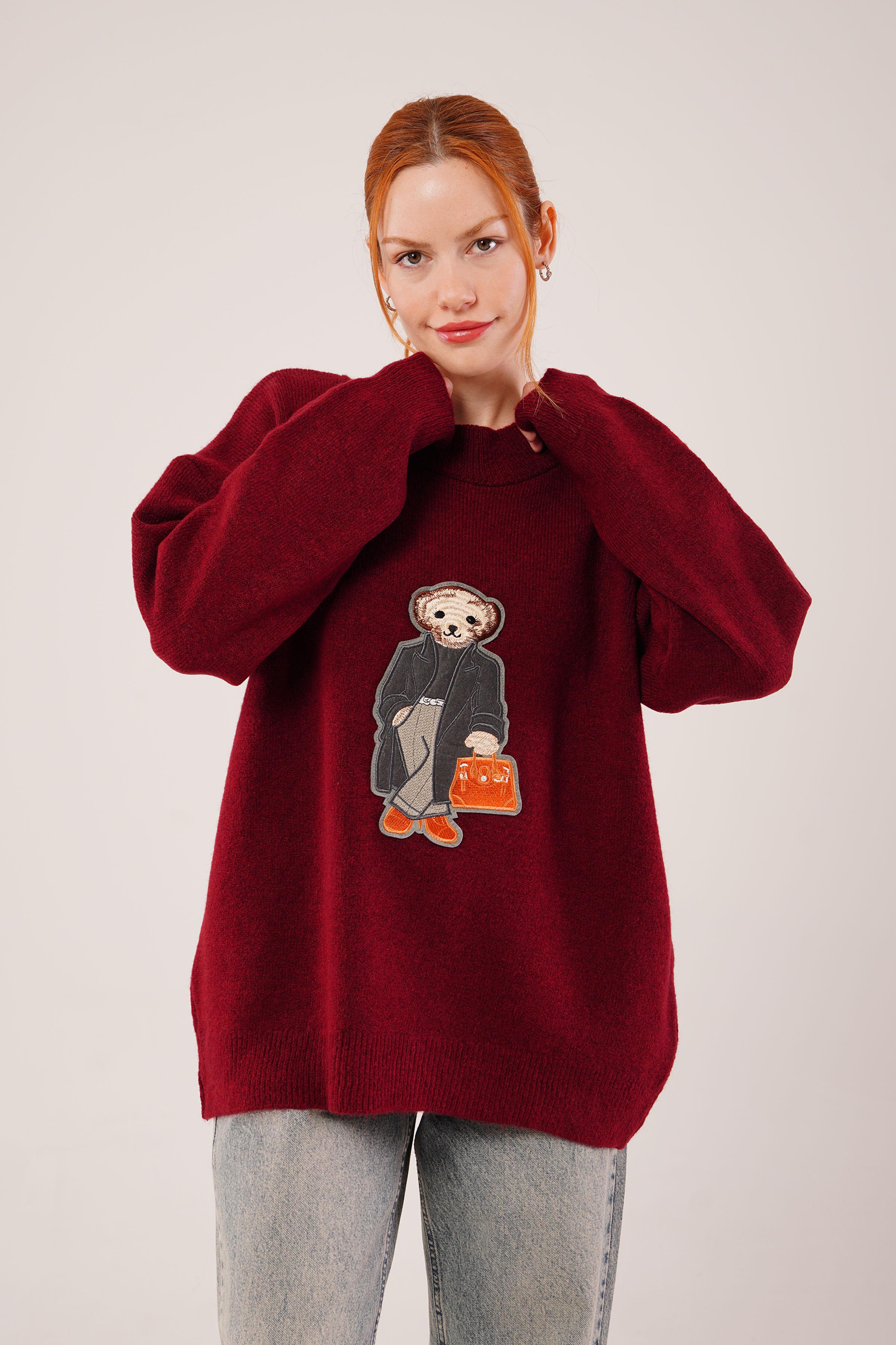 Nakış Detaylı Toptan Bordo Triko Kazak Bordo STD