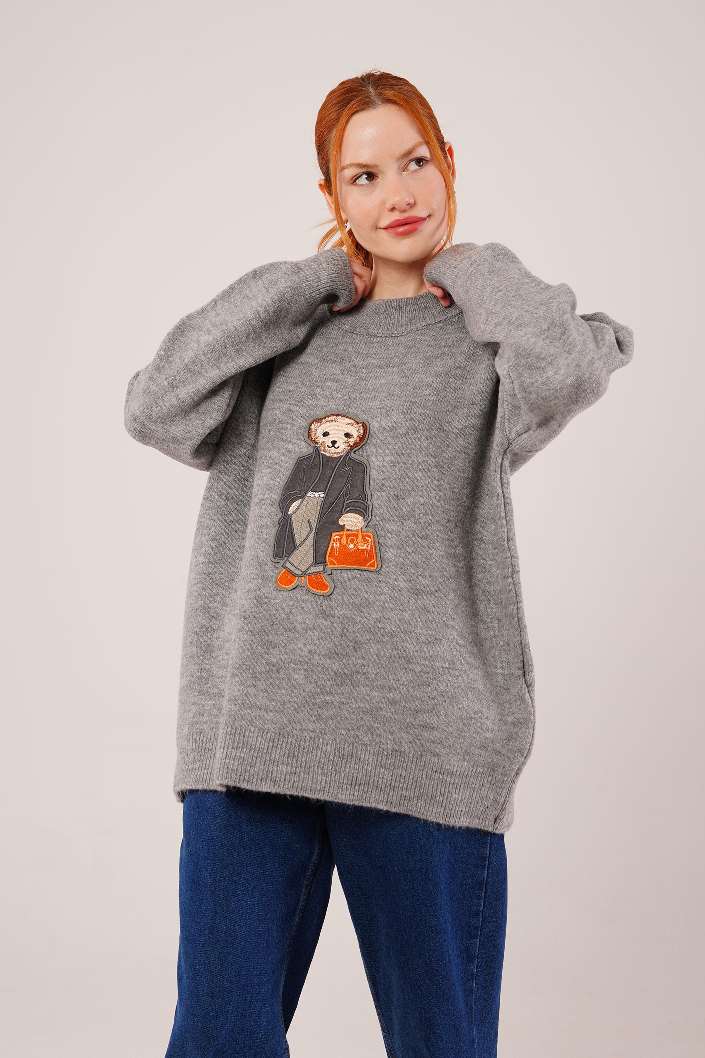 Nakış Detaylı Toptan Gri Triko Kazak Gri STD