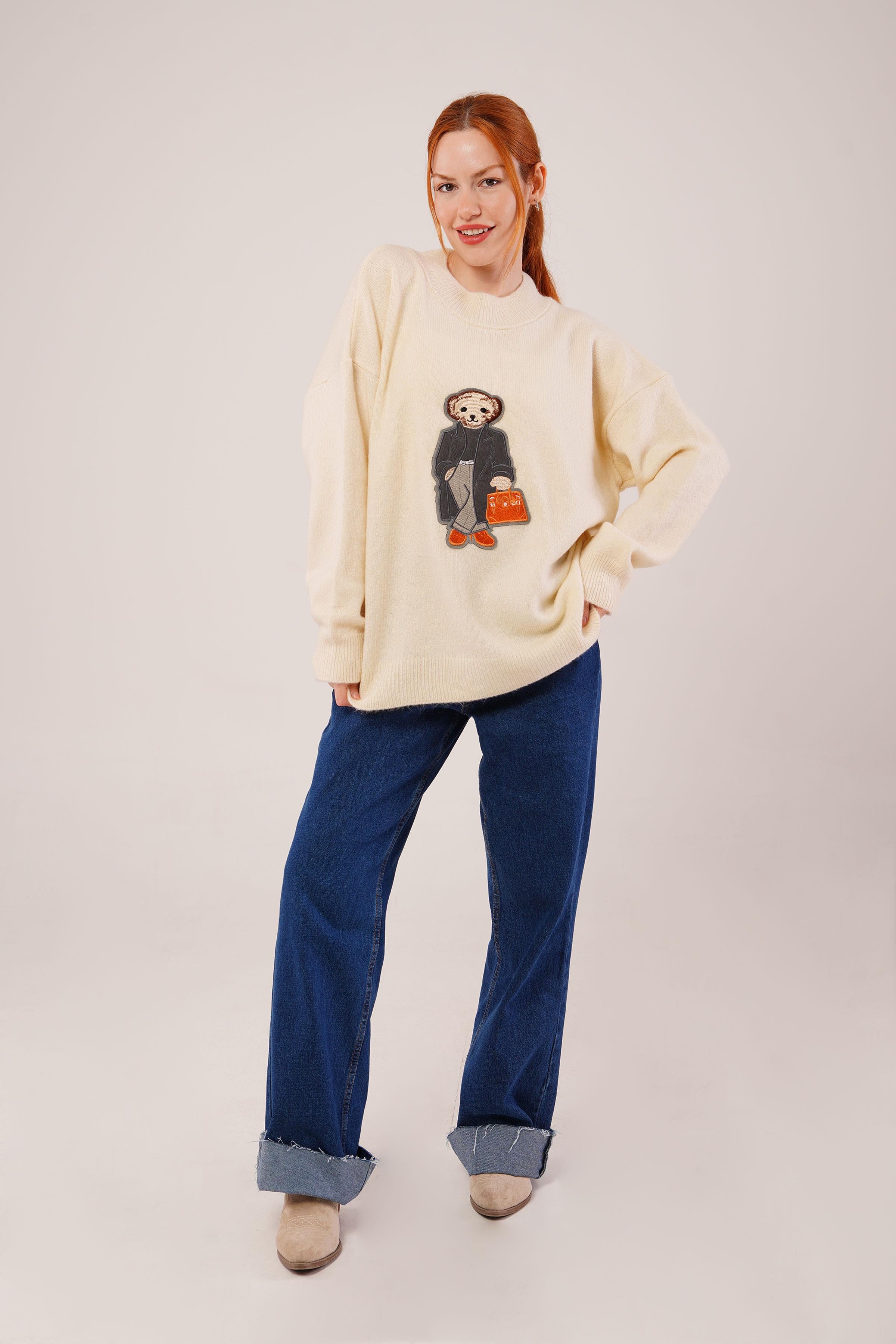 Nakış Detaylı Toptan Krem Triko Kazak