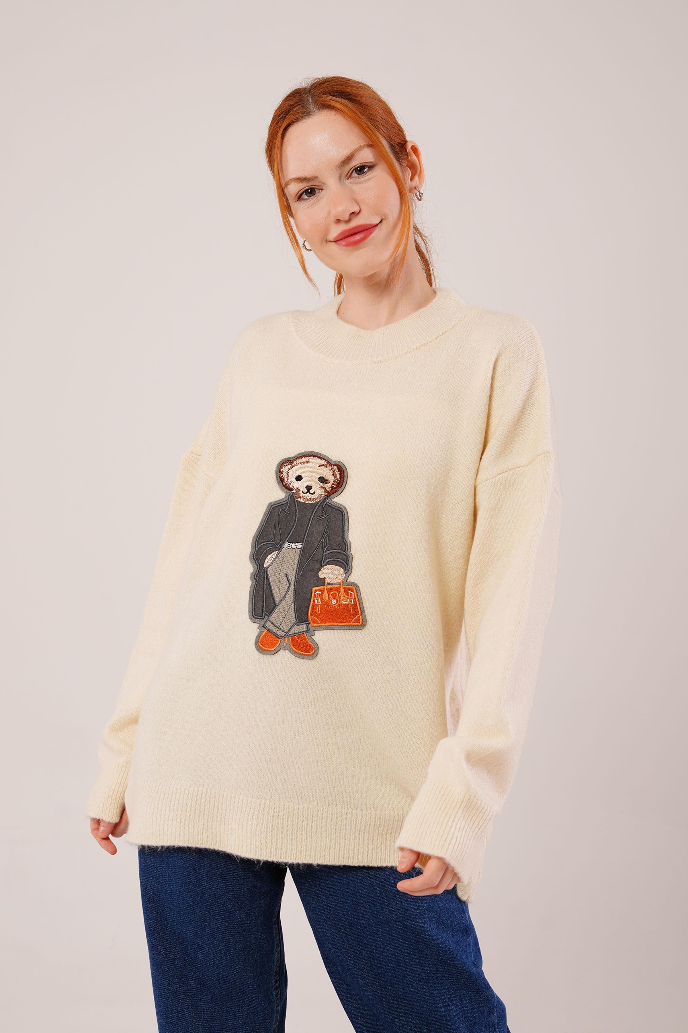 Nakış Detaylı Toptan Krem Triko Kazak