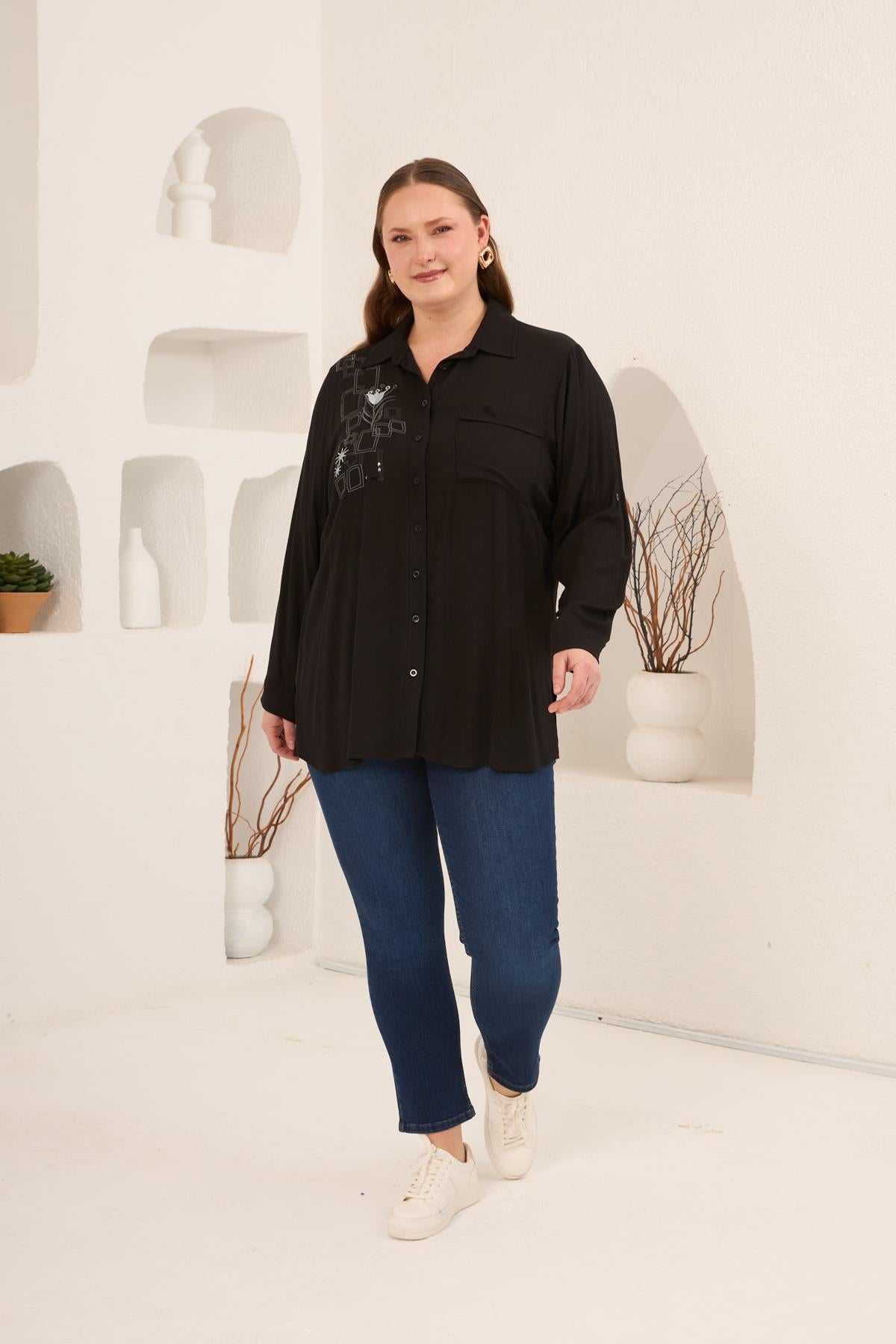 Plus Size Embroidered Side Slit Shirt Black