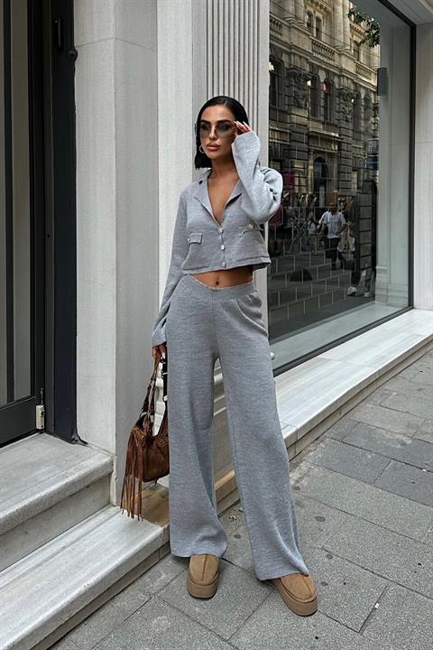 Nancy Kruveze Yaka Crop Takım 9954 - 25 GRİ STD