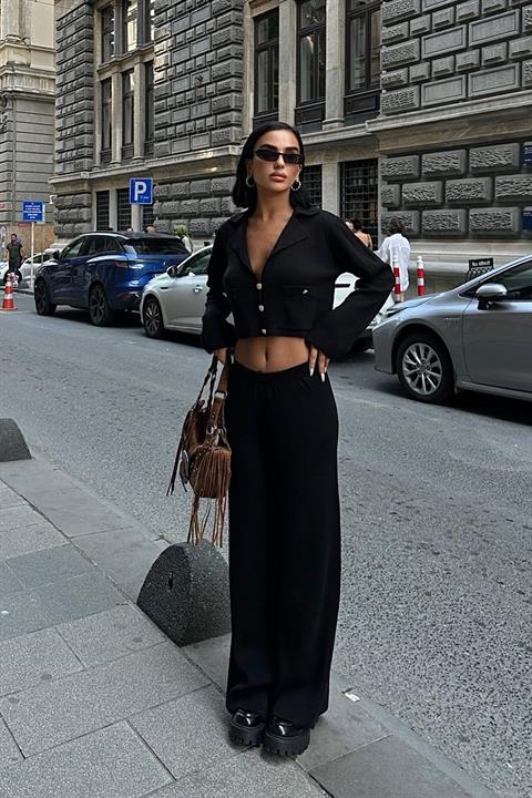 Nancy Kruveze Yaka Crop Takım 9954 - 25 SİYAH STD