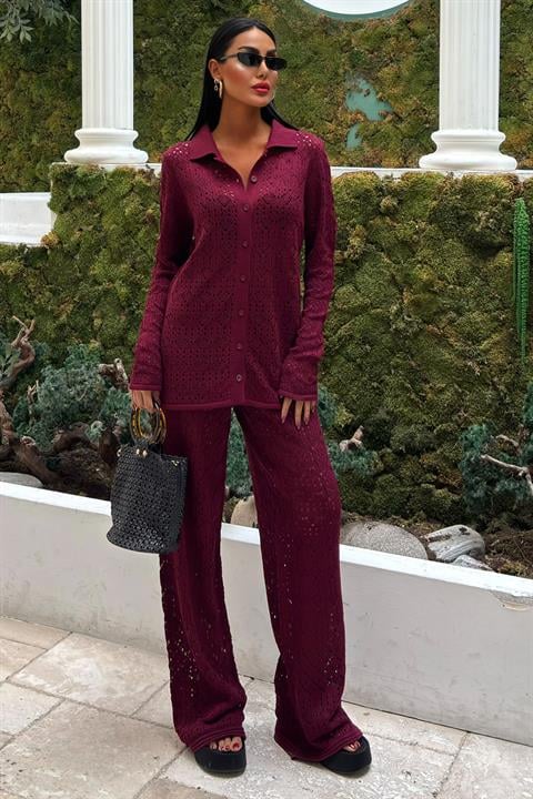 Odette Ajurlu Triko Pantolon Takım 9934 BORDO STD