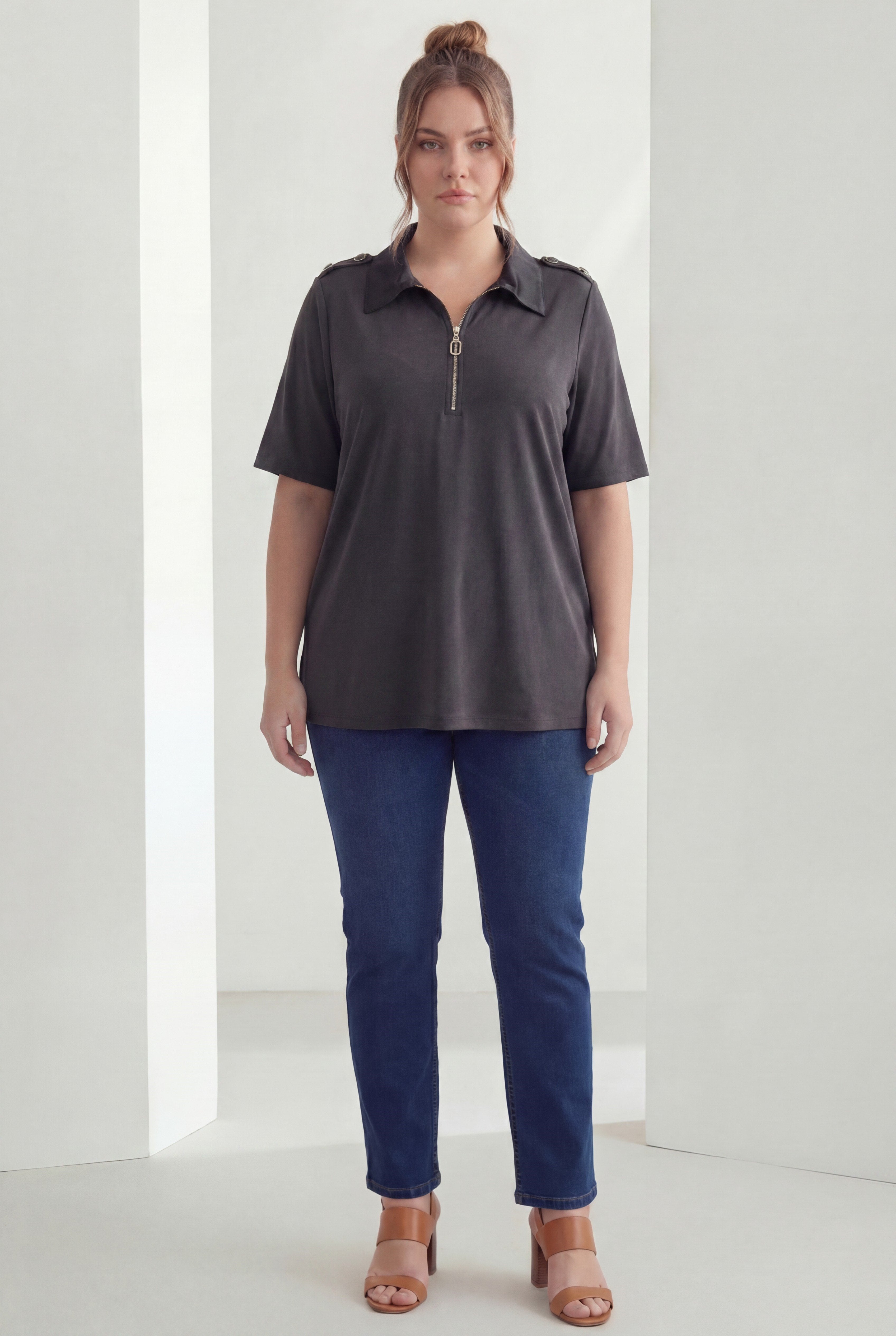 Plus Size Modal Blouse with Zipper and Shoulder Epaulettes Black