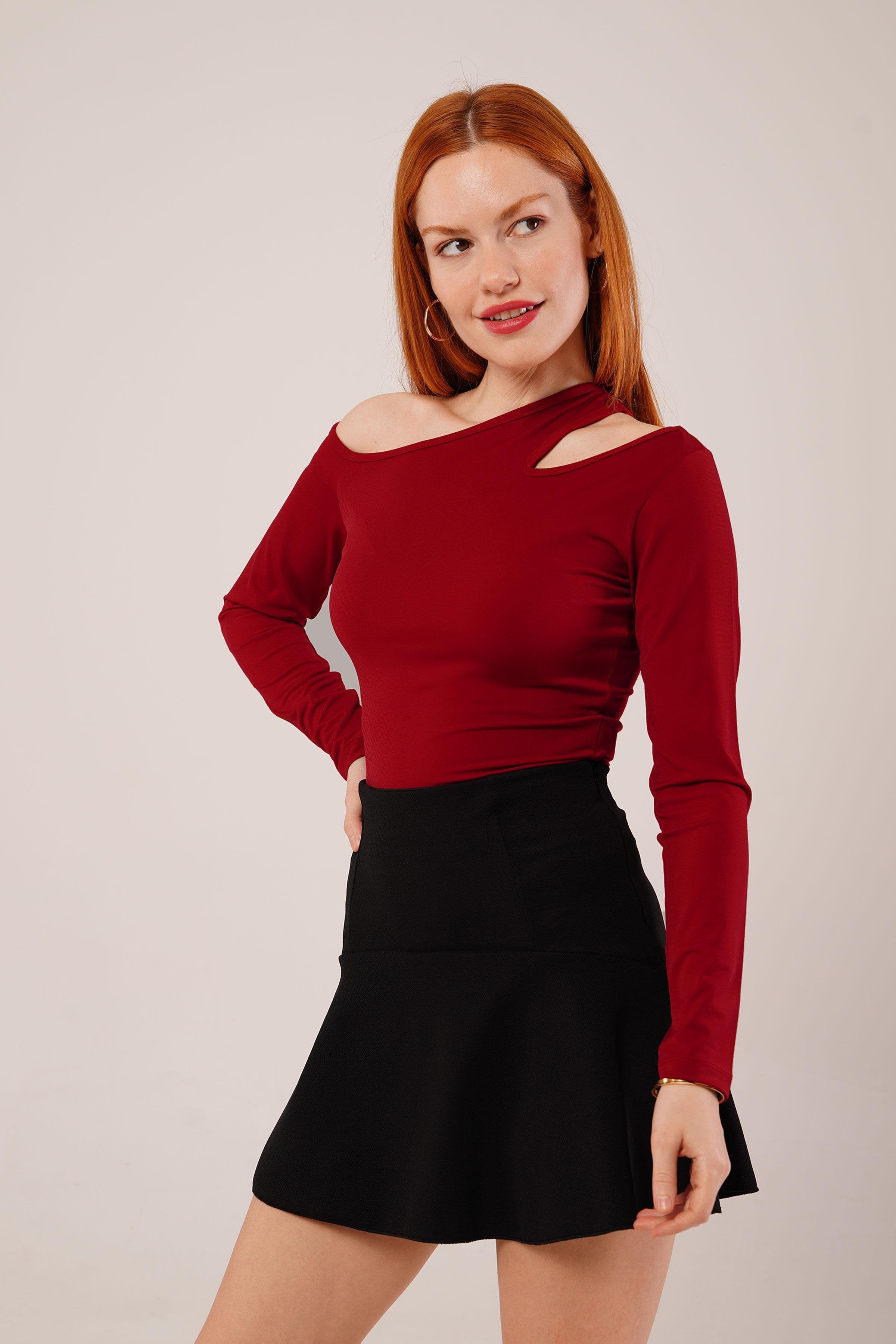 Omuz Dekolte Detaylı Toptan Bordo Bluz Bordo S