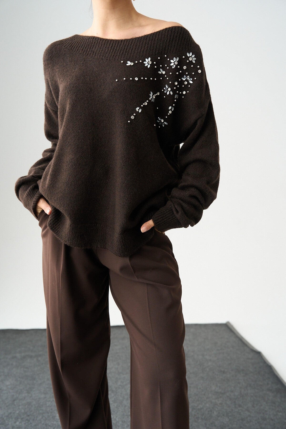 Dark Brown Sweater with Shoulder Embellishments
