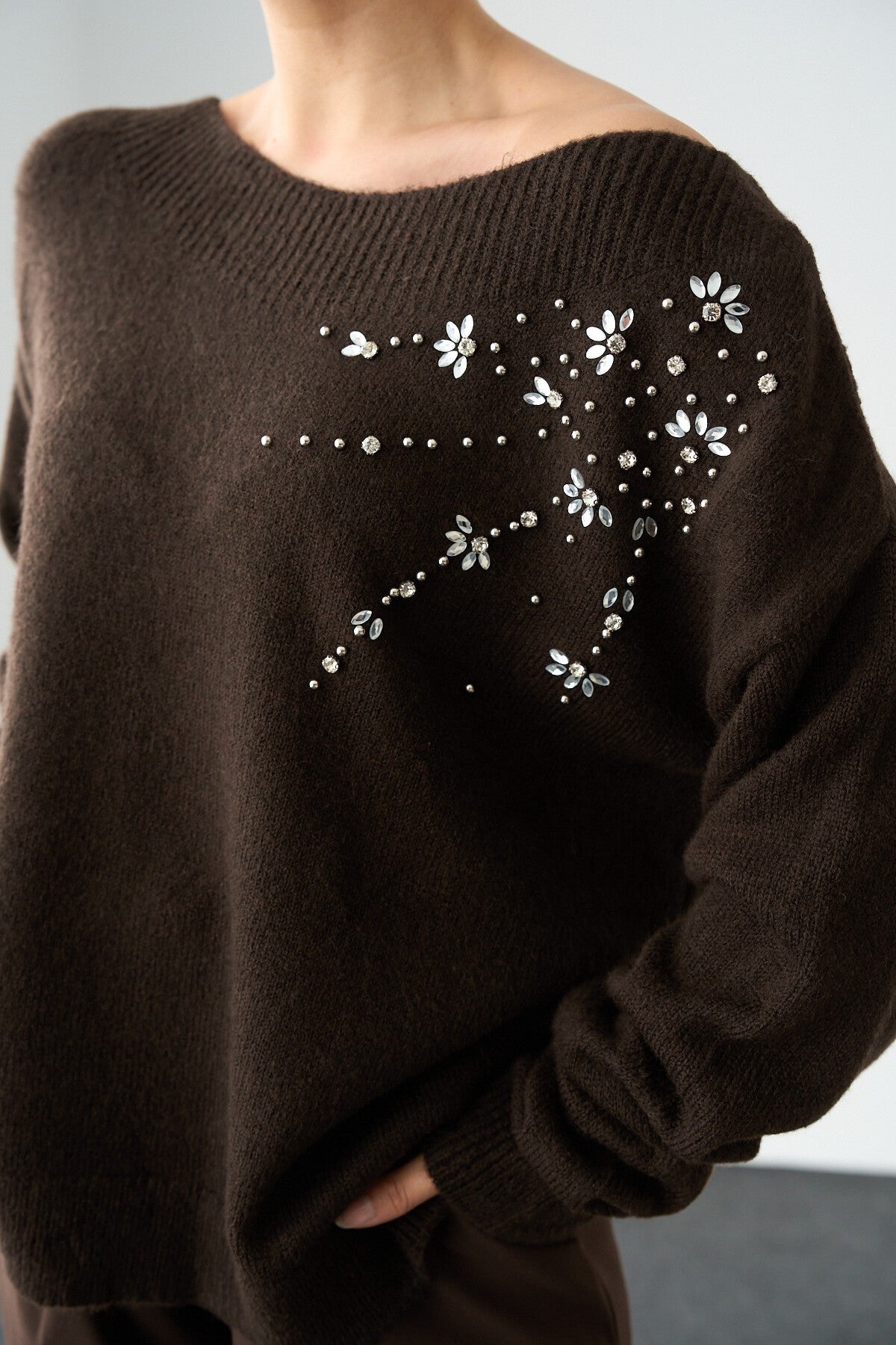 Dark Brown Sweater with Shoulder Embellishments