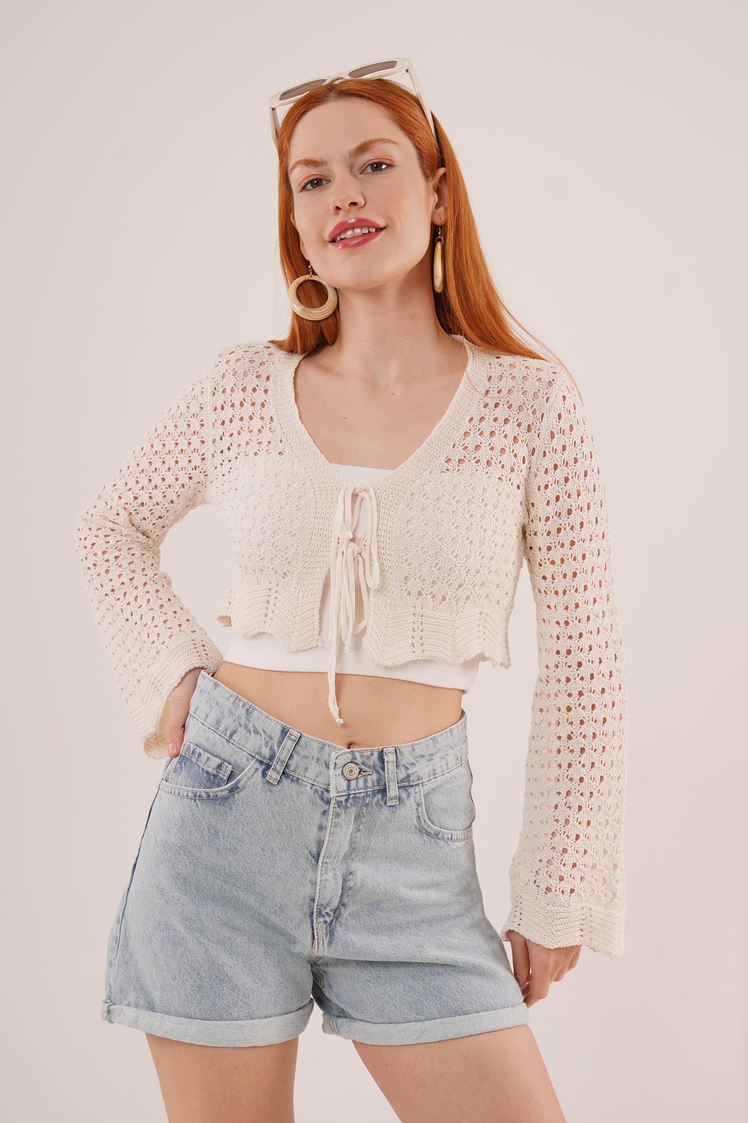 Ön Bağlamalı Ajurlu Crop Toptan Krem Hırka Krem STD
