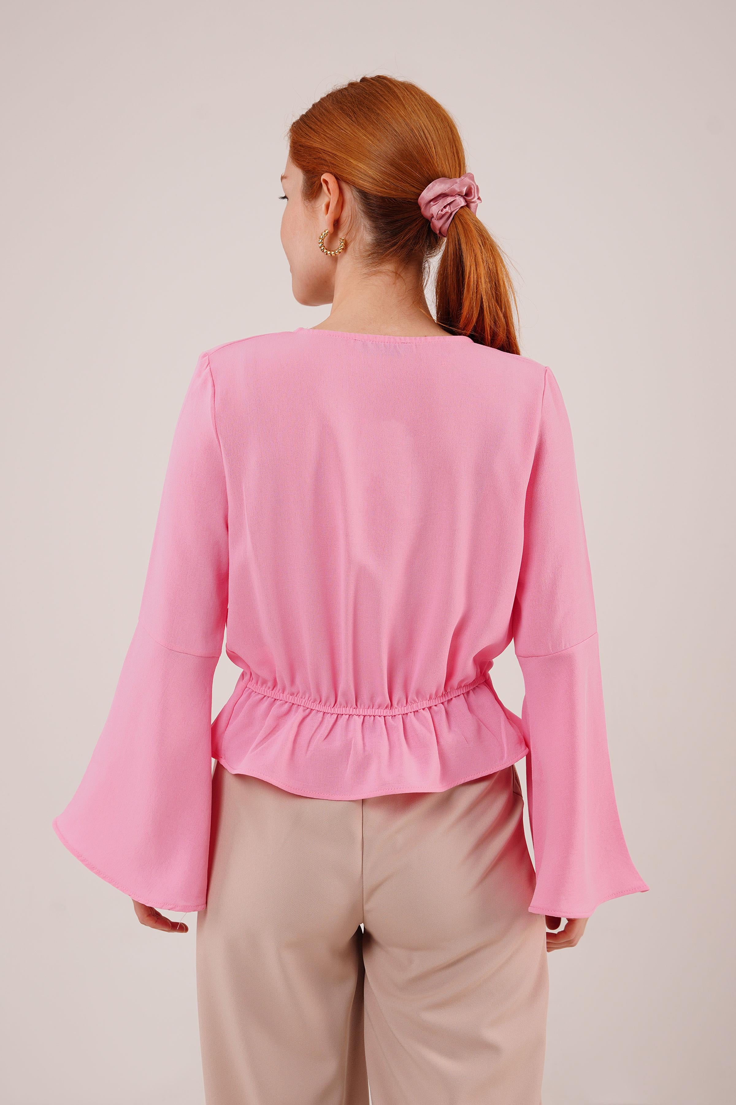 Ön Bağlamalı Volan Kol Toptan Pembe Bluz
