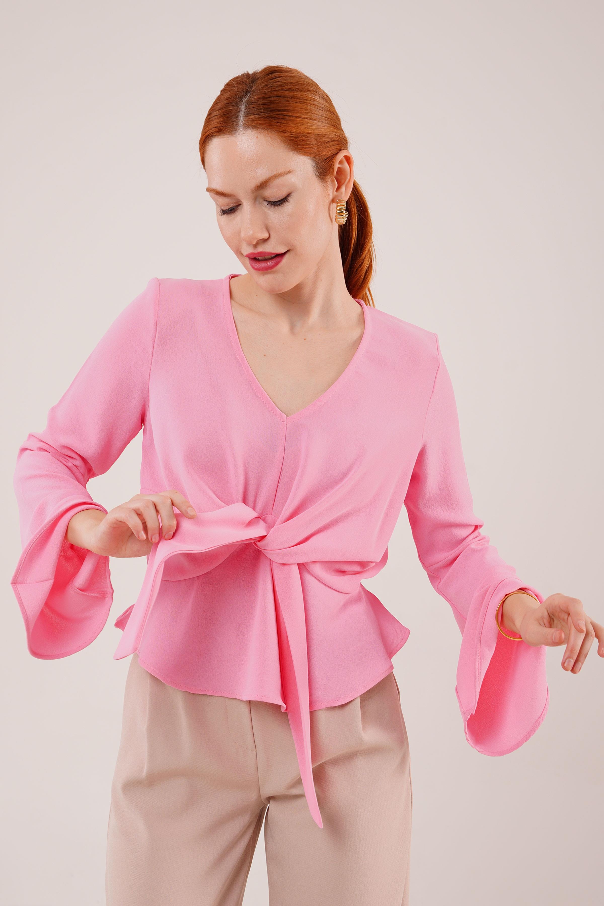 Ön Bağlamalı Volan Kol Toptan Pembe Bluz