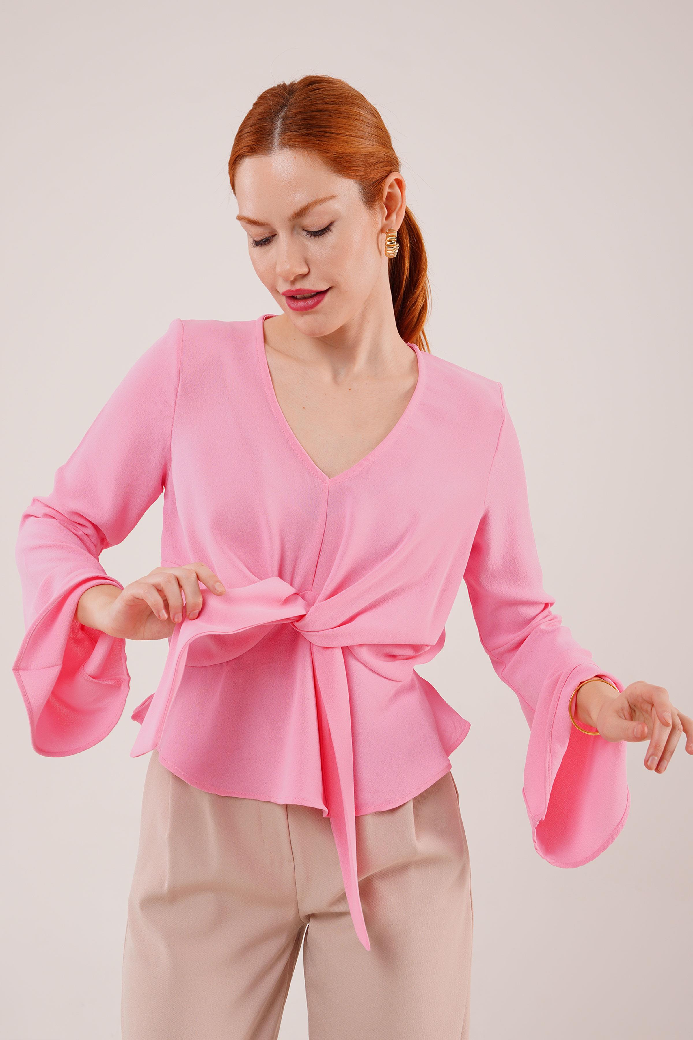 Ön Bağlamalı Volan Kol Toptan Pembe Bluz