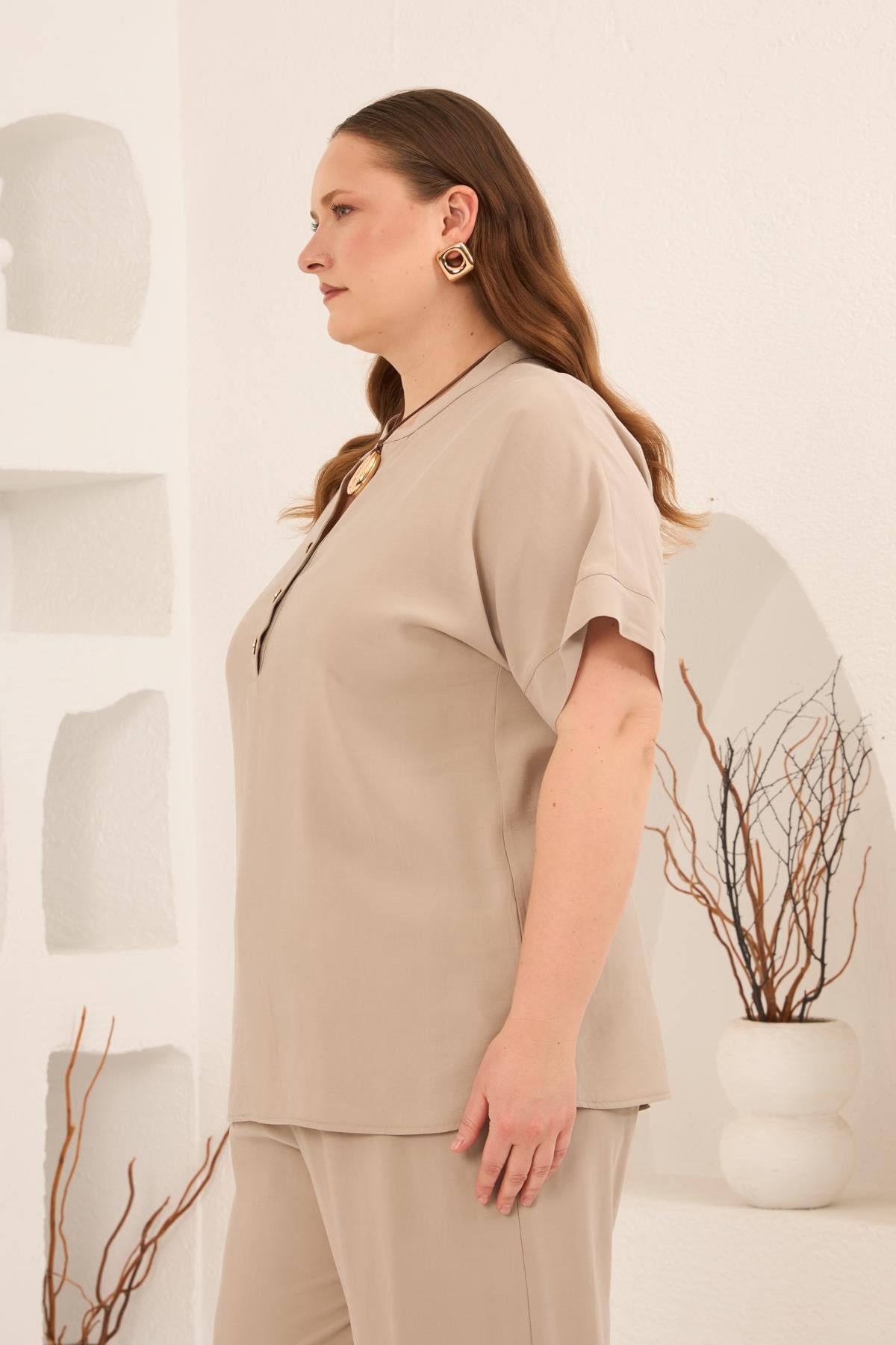 Plus Size Modal Blouse with Front Buttons - Cream