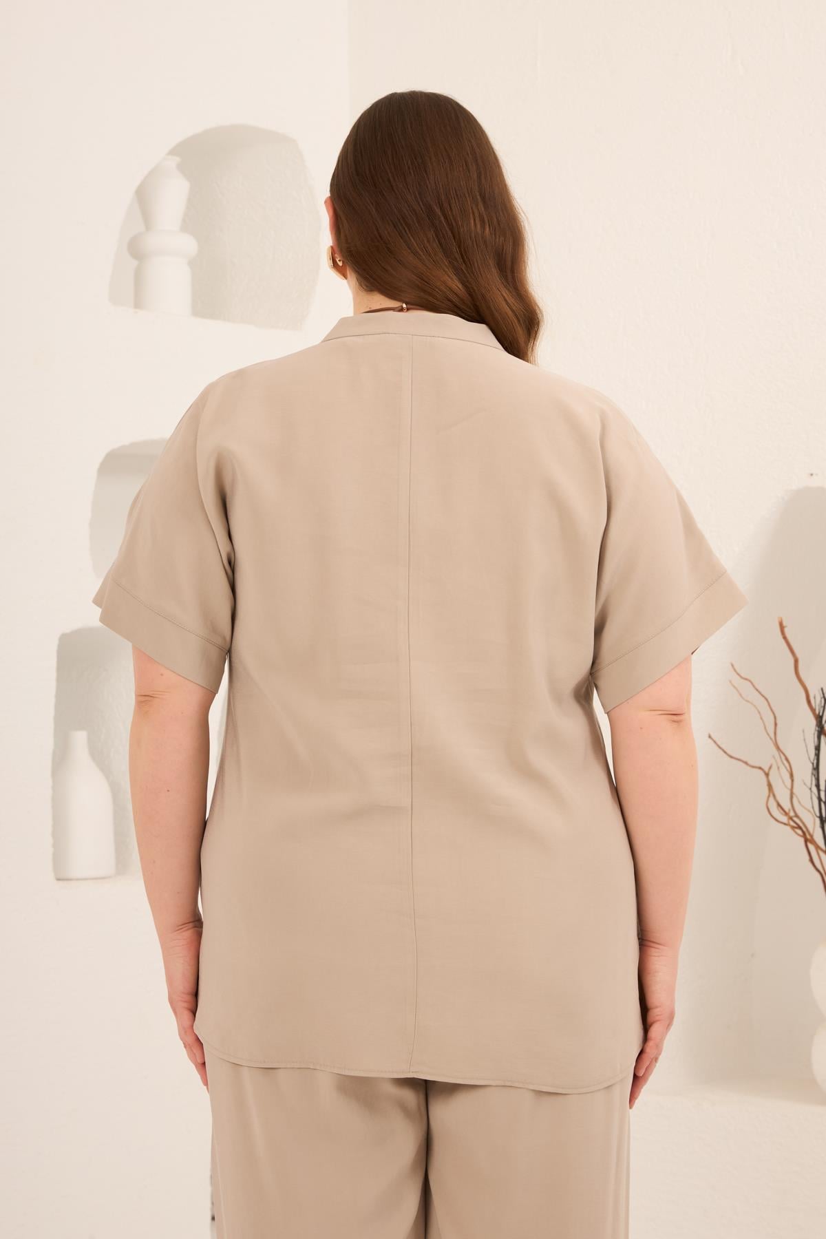 Plus Size Modal Blouse with Front Buttons - Cream