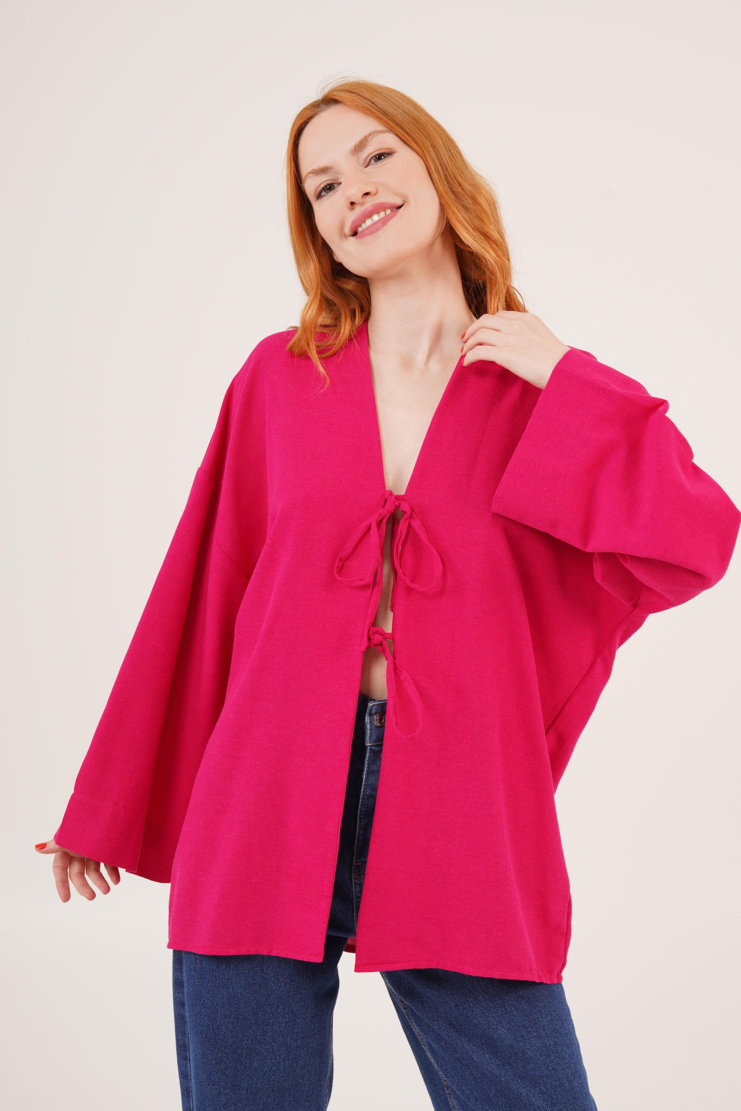 Önden Bağlama Detaylı İspanyol Kol Toptan Fuşya Tunik Fuşya S