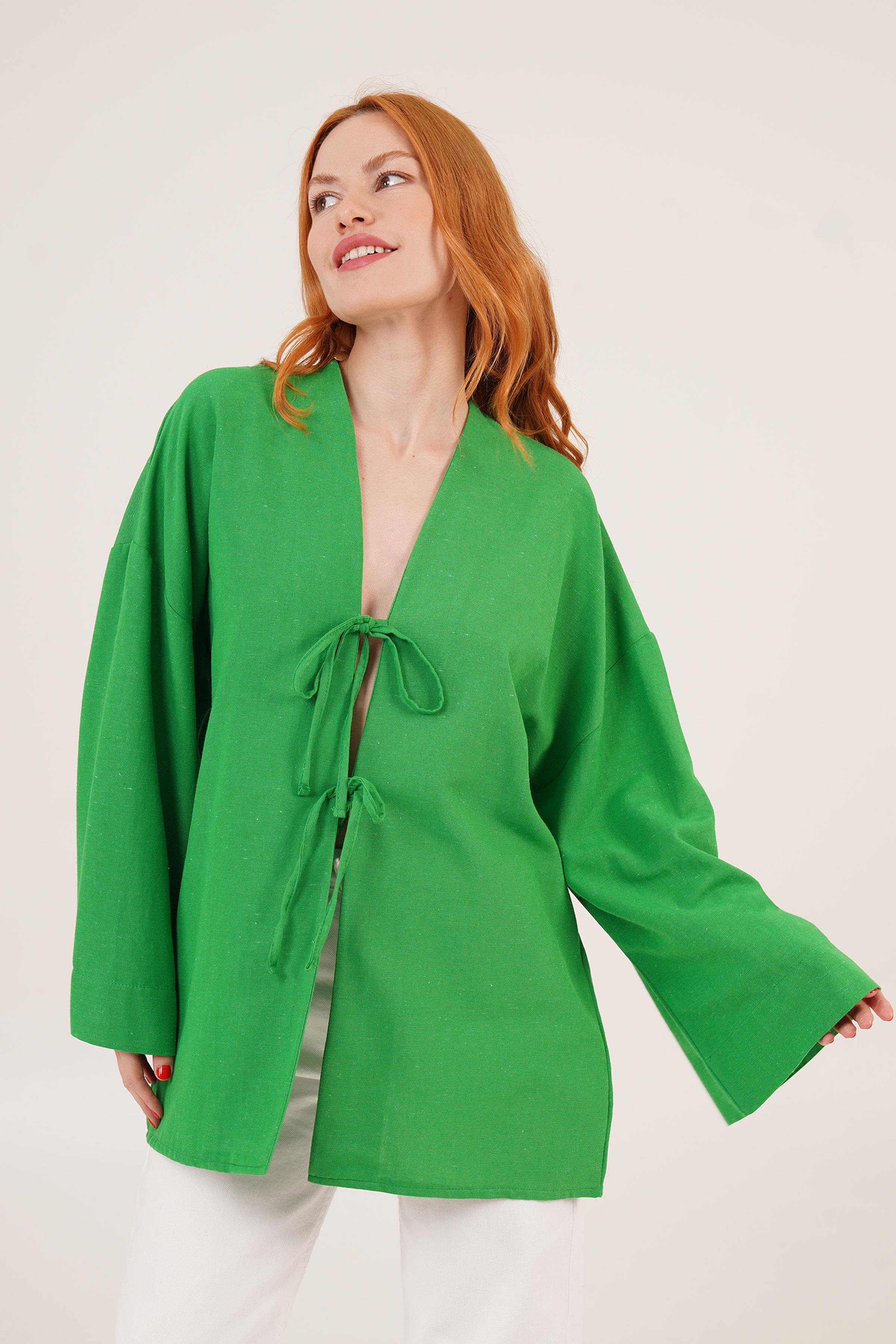 Önden Bağlama Detaylı İspanyol Kol Toptan Yeşil Tunik Yeşil S