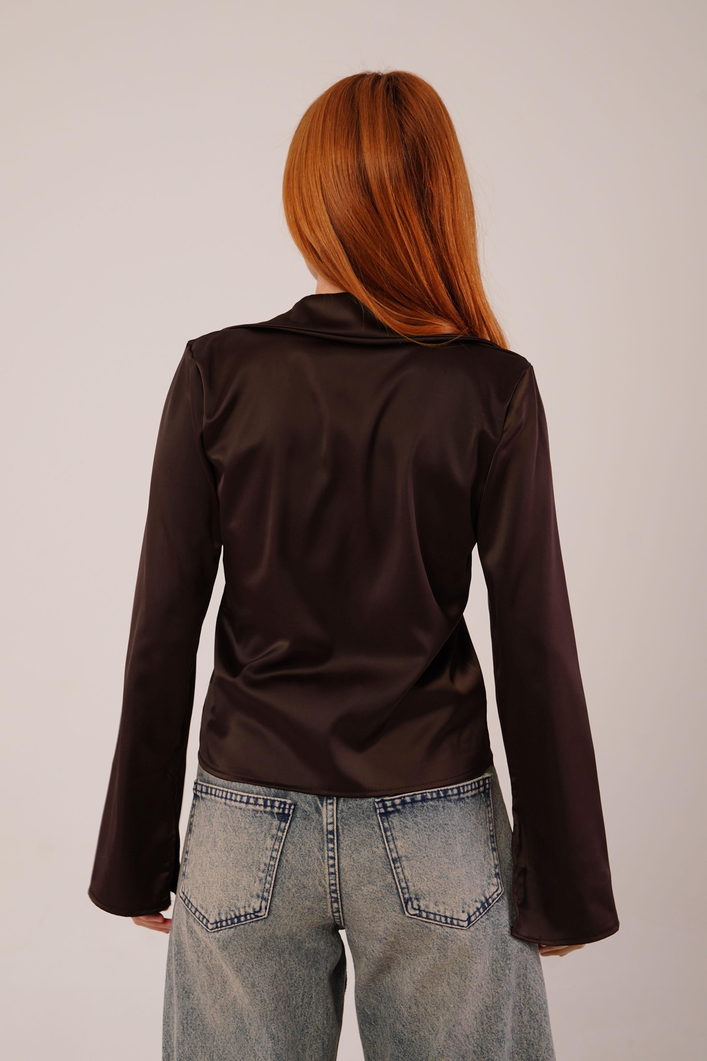 Önden Bağlama Detaylı Saten Toptan Kahverengi Bluz
