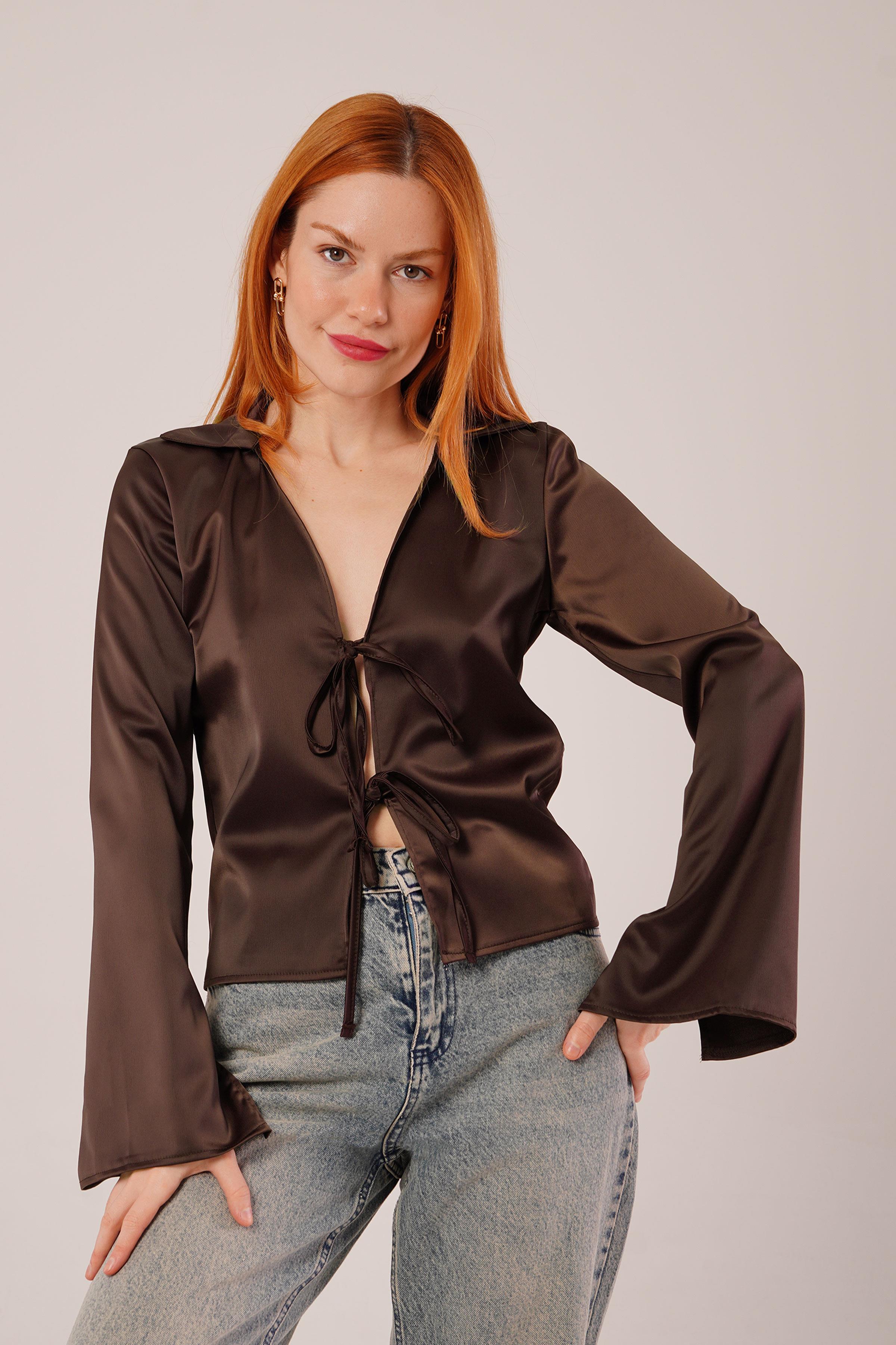 Önden Bağlama Detaylı Saten Toptan Kahverengi Bluz Kahverengi S